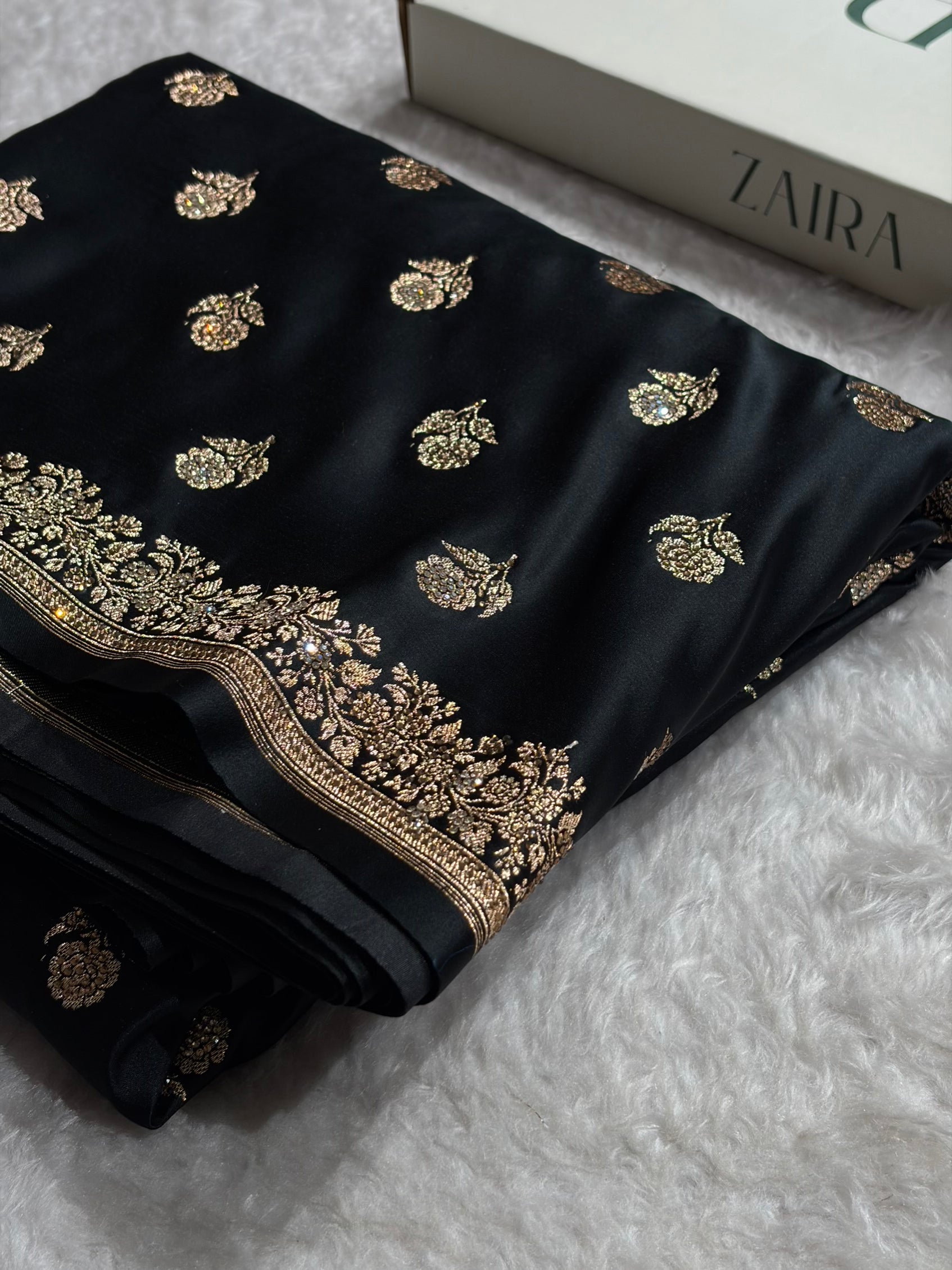 Banarasi Black Floral Booti With Swarovski Work Katan Silk Saree BSK23