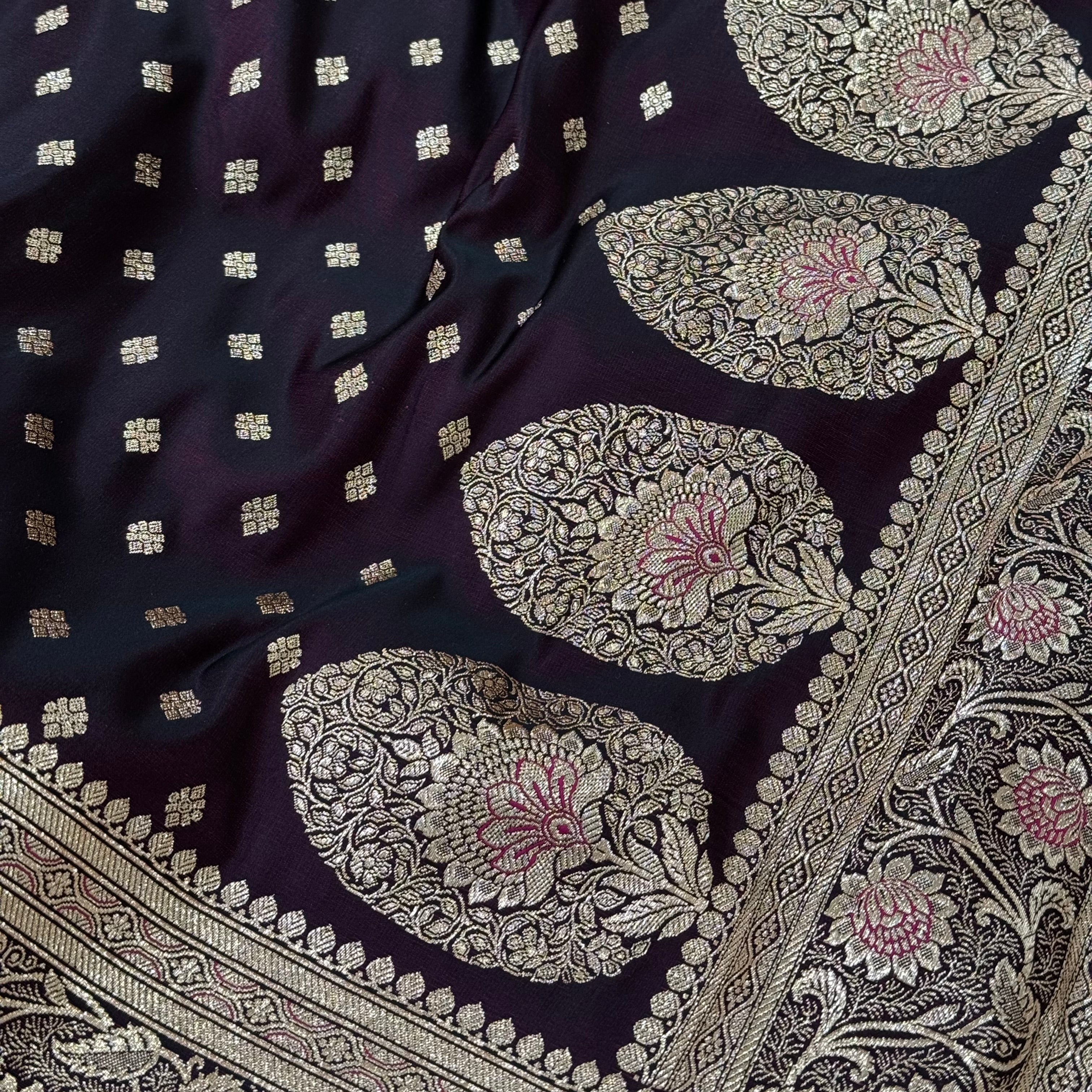 Booti Katan Silk Saree In Dark Wine Shades SK04