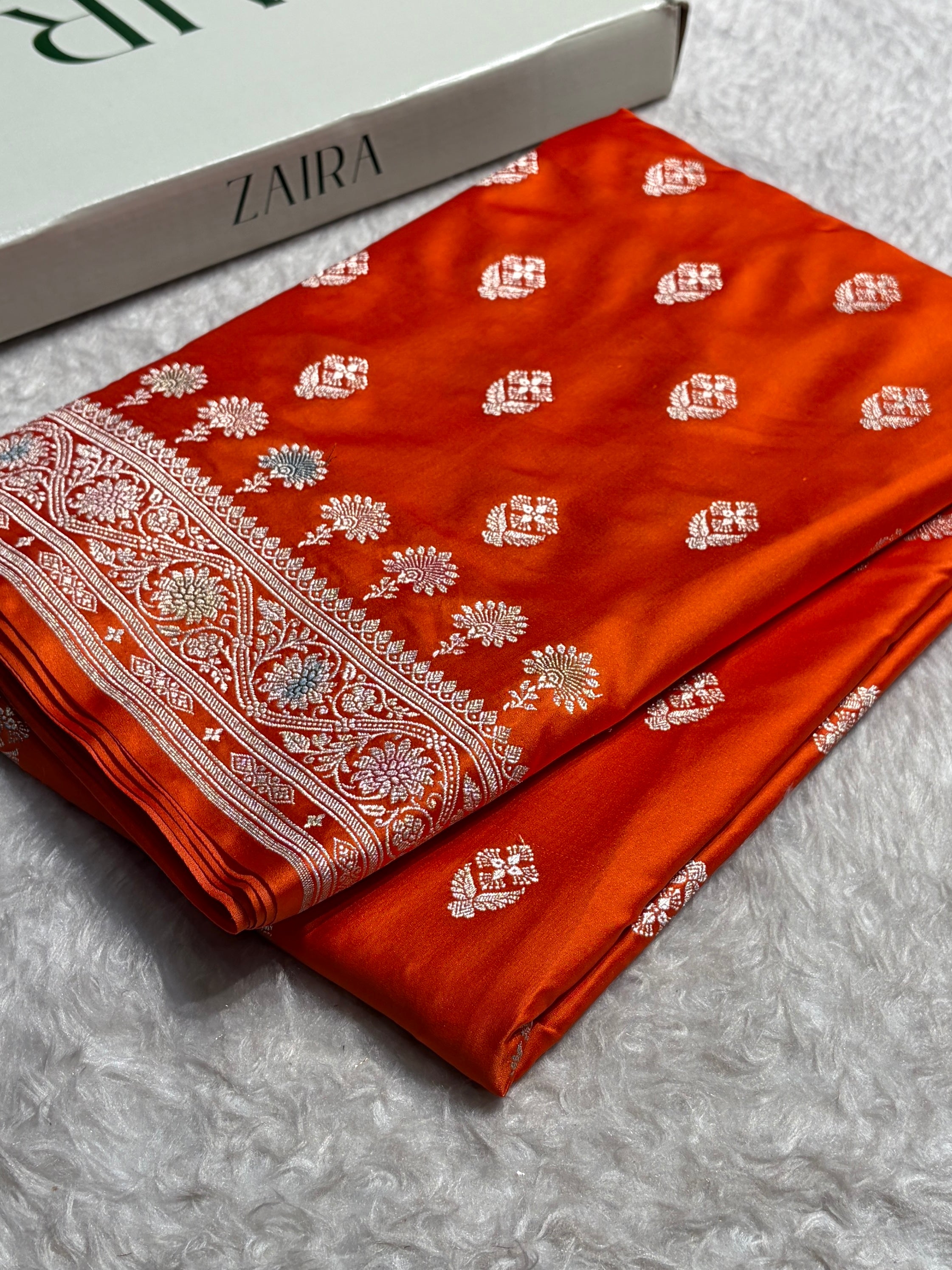 Orange Shades Bananasi Minakari Floral Border Boota Mashru Silk Saree MS66