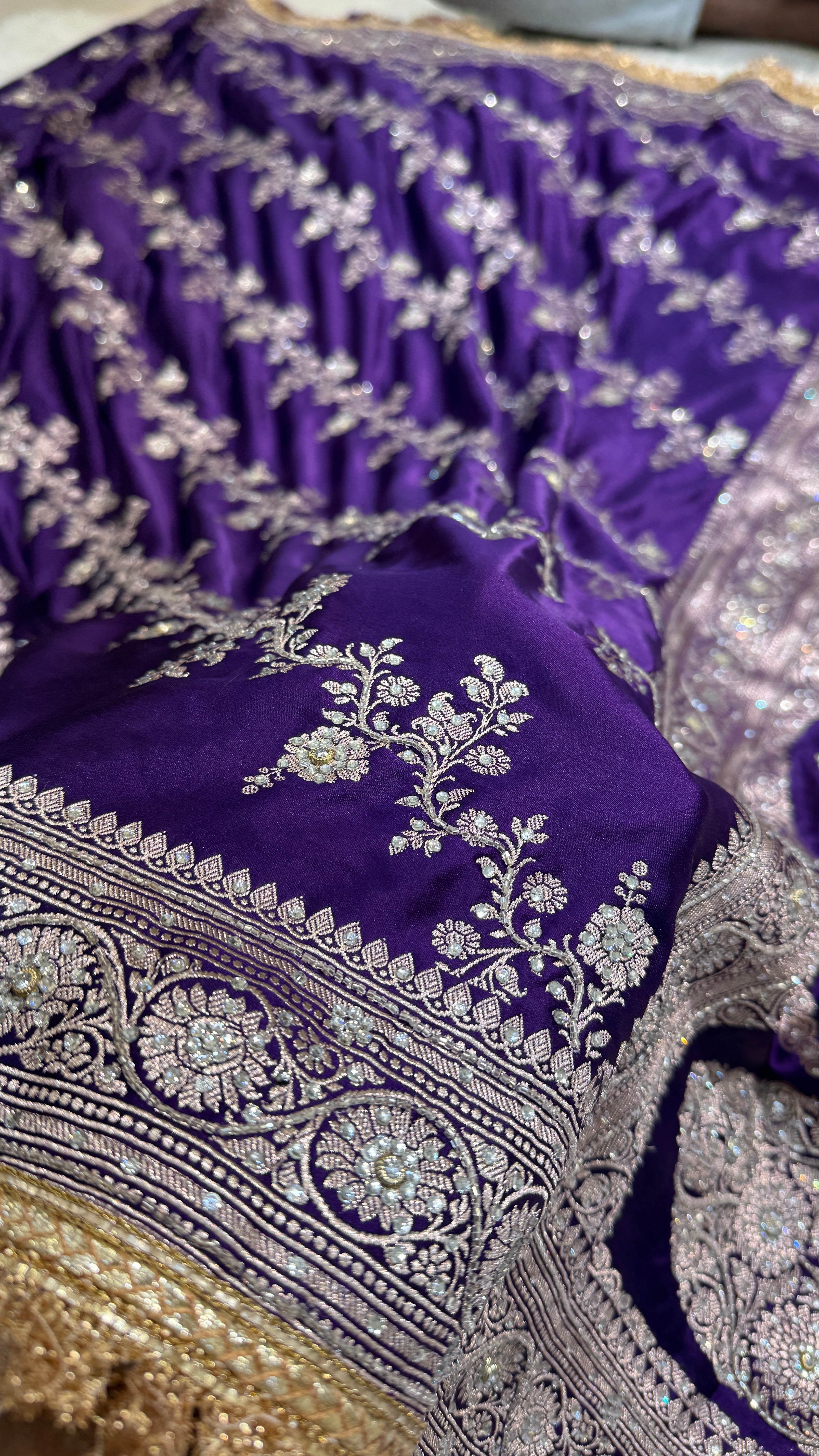 Purple shade Mashru Silk with Ari and stone work with Gold Gotta Patti