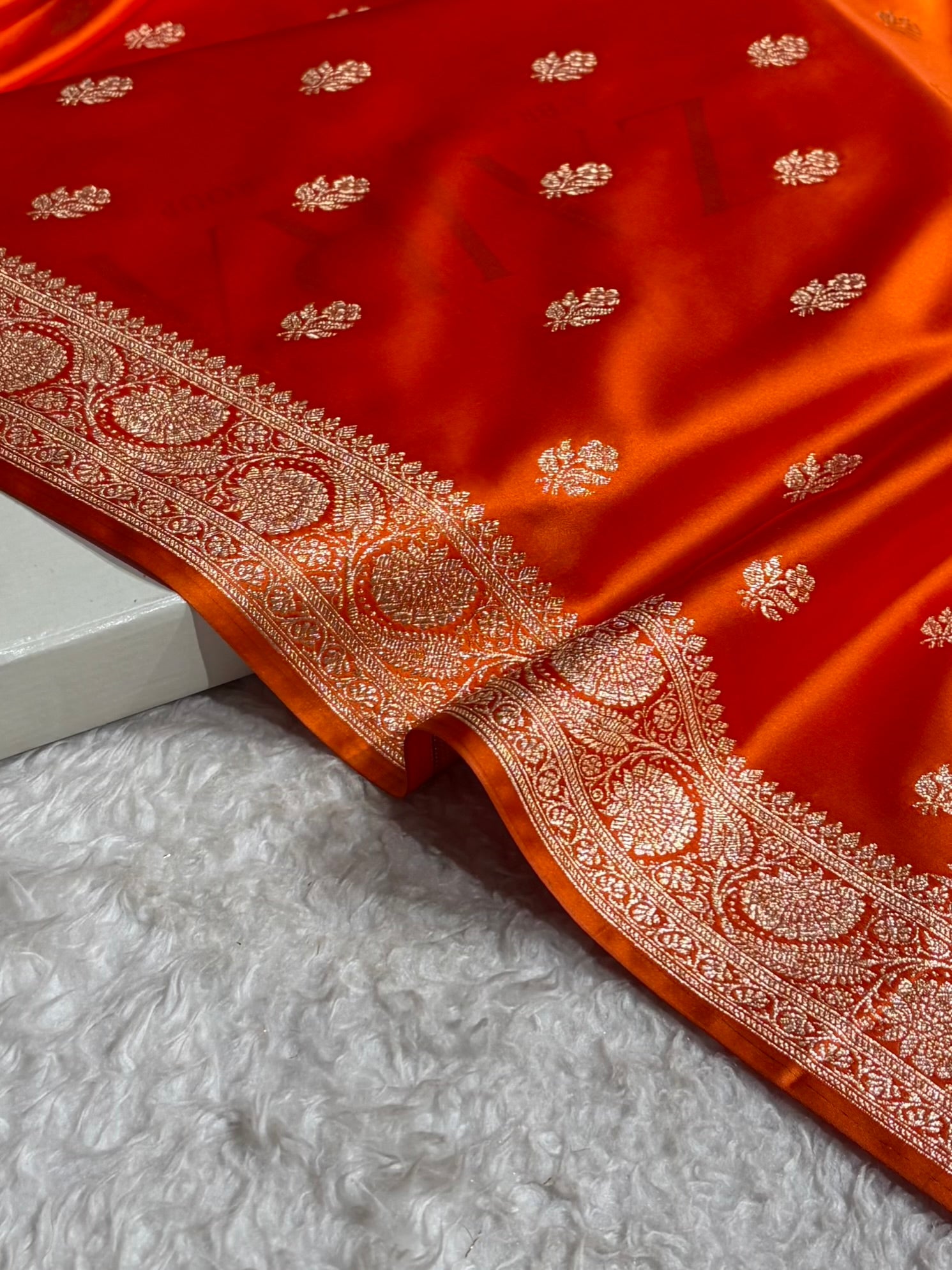 Fanta Orange Floral Boota Pattern Satin Katan Silk Saree SK71