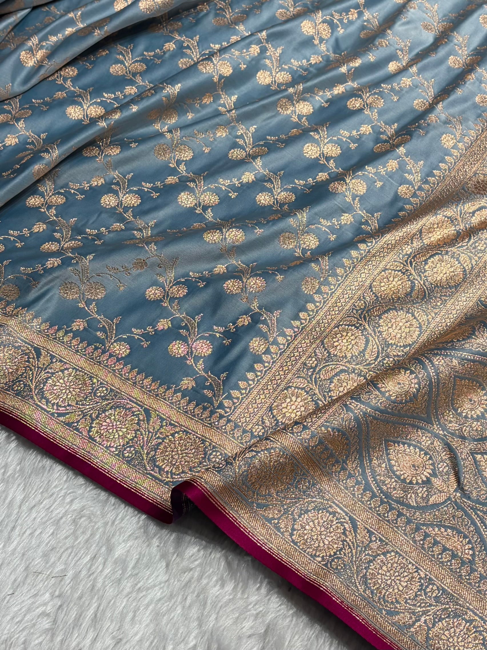 Banarasi Pastel German Blue Shades Cross Satin Katan Silk Saree SK17