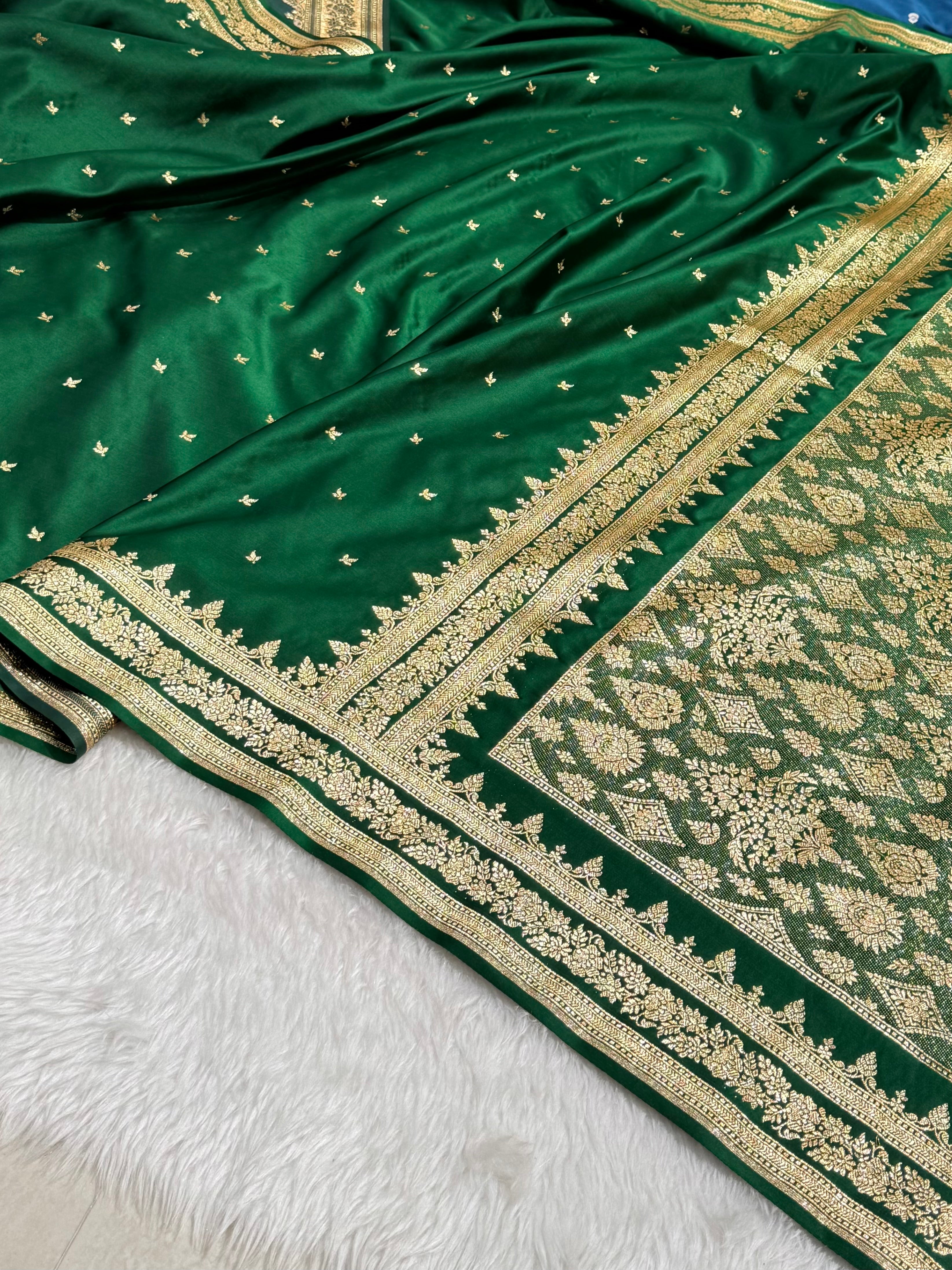 Premium Bottle Green Banarasi Booti Katan Silk Saree