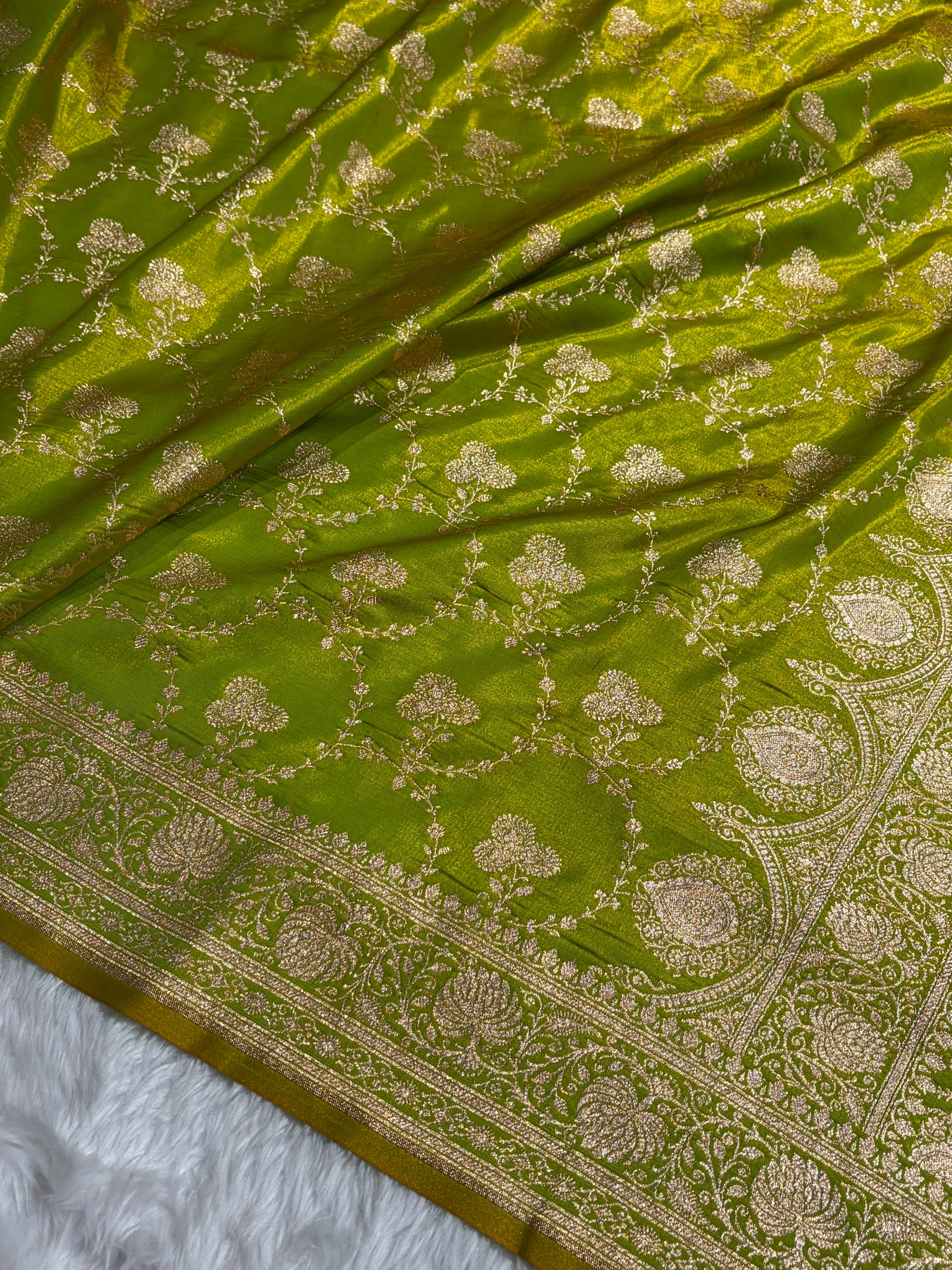 Banarasi Satin Silk Saree Jaal in Liril Green Shades SS23