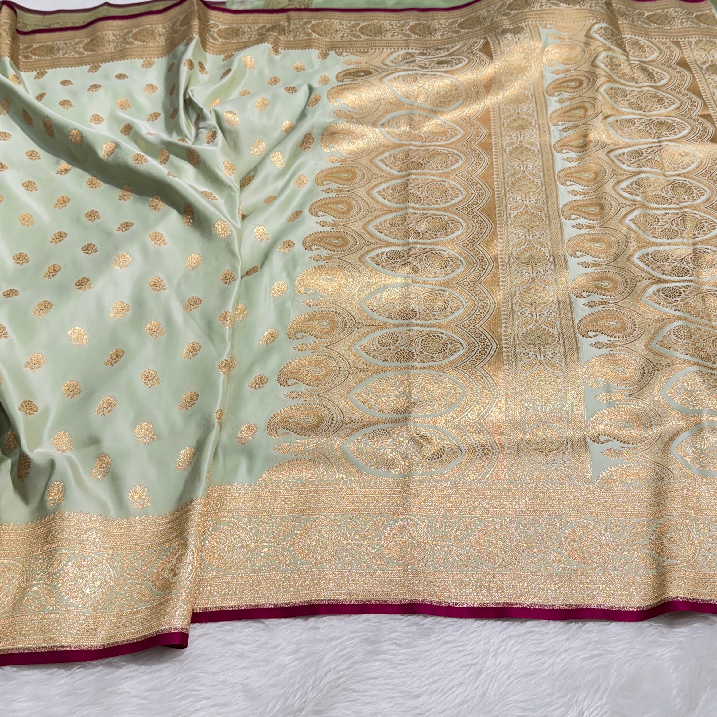 Floral boota Satin katan Silk Saree In light Pista Shades SK12