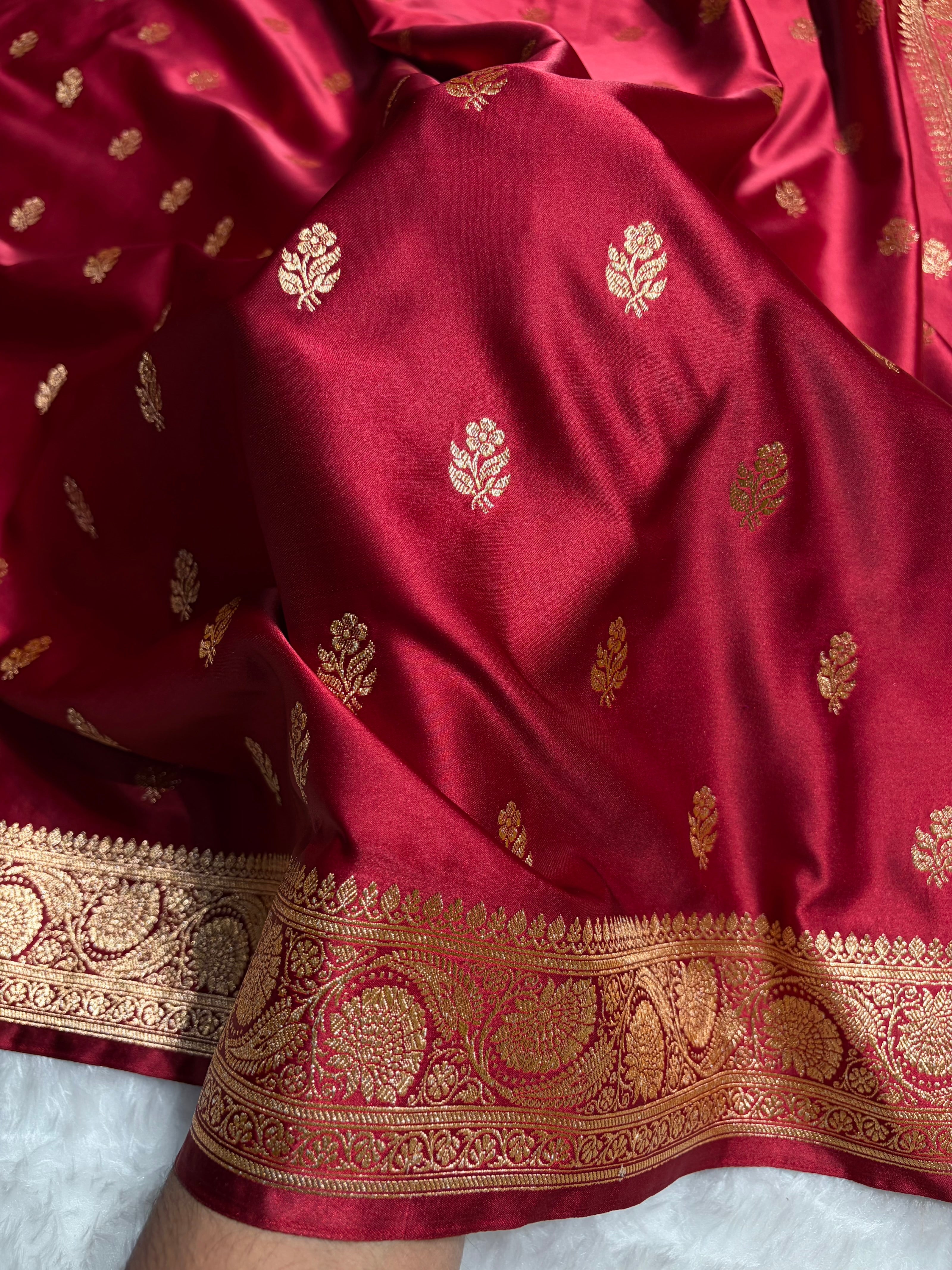 Maroon Floral Boota Pattern Satin Katan Silk Saree SK71