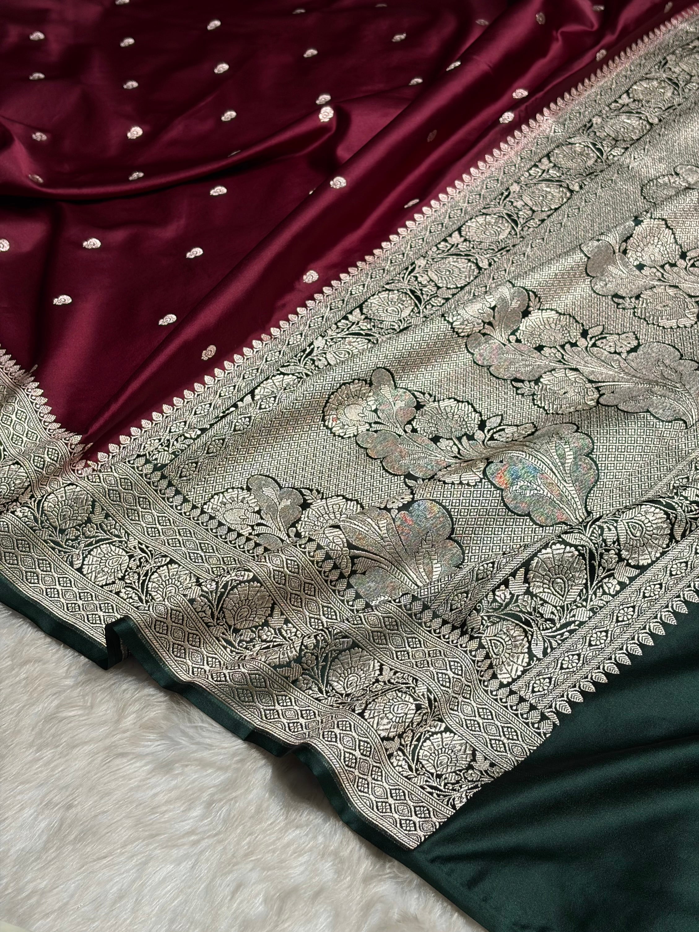 Contrast Garnet With Bottle Green Shades Booti Mashru Satin Booti  MS05