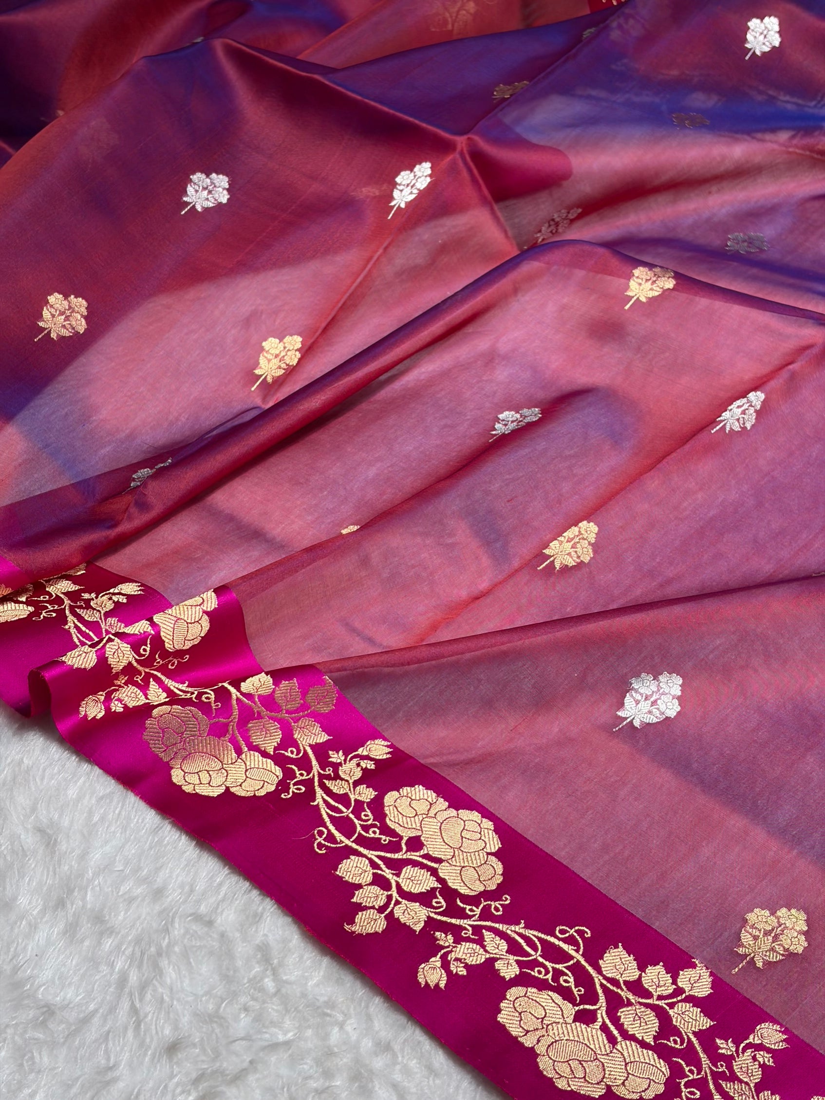 Contrast Pure Banarasi Organza Cross Pink With Rani Floral Banarasi Silk Saree PO-13