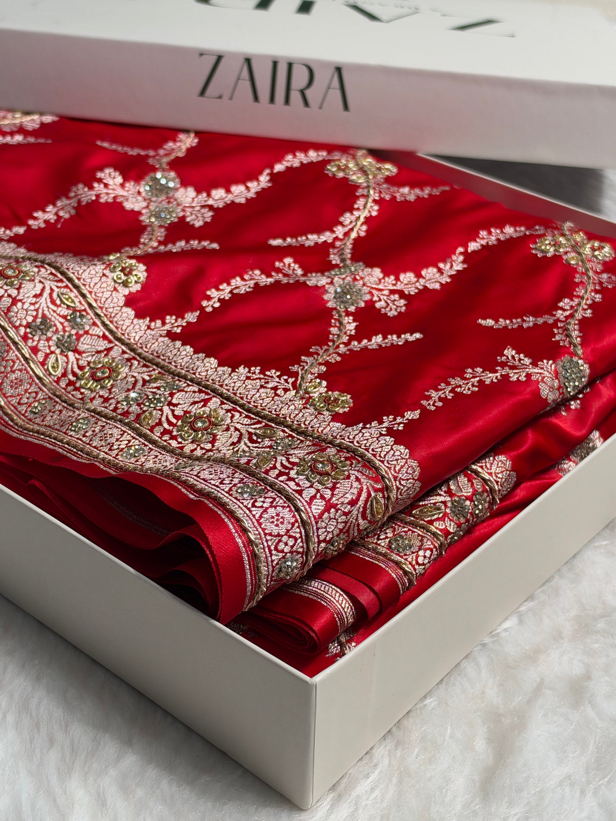 Bridal Red Shades Banarasi Jaal With Zardozi Work Mashru Silk Saree BMSM-127