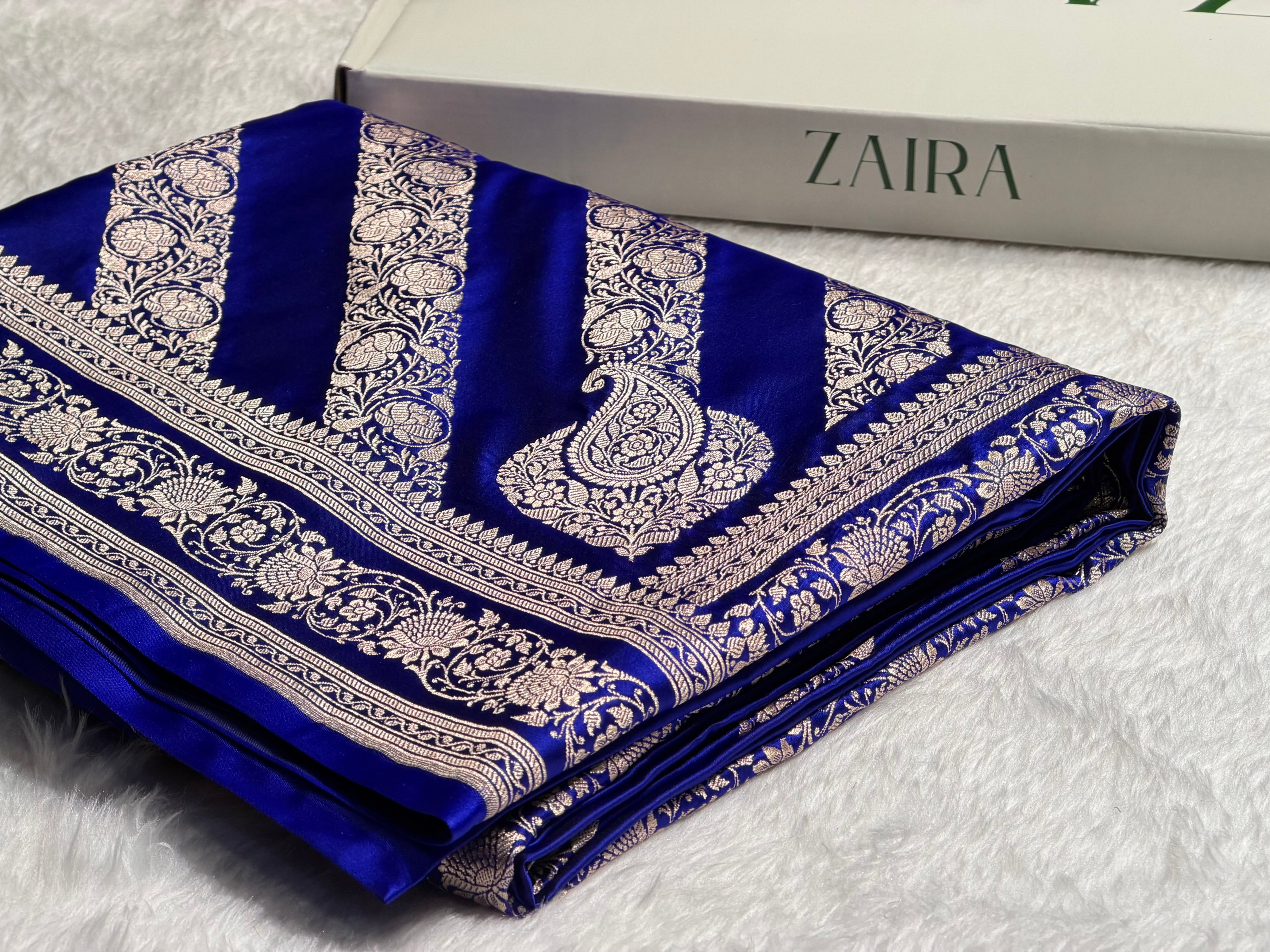 Royal Blue Shades Banarasi Cross Pattern Floral Mashru Silk Saree MSM-102