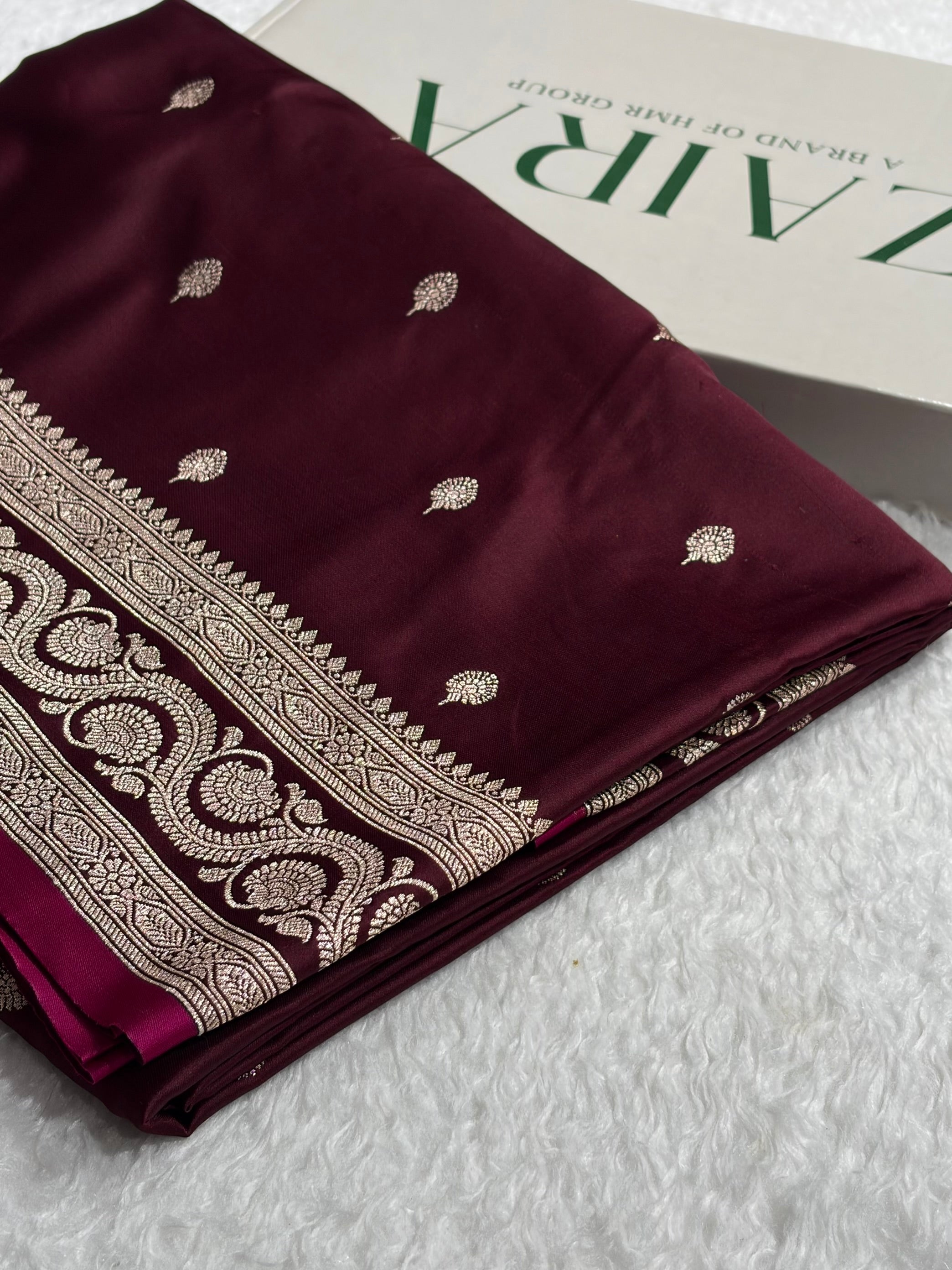 Banarasi Garnet Boota With Floral Border Mashru Silk Saree