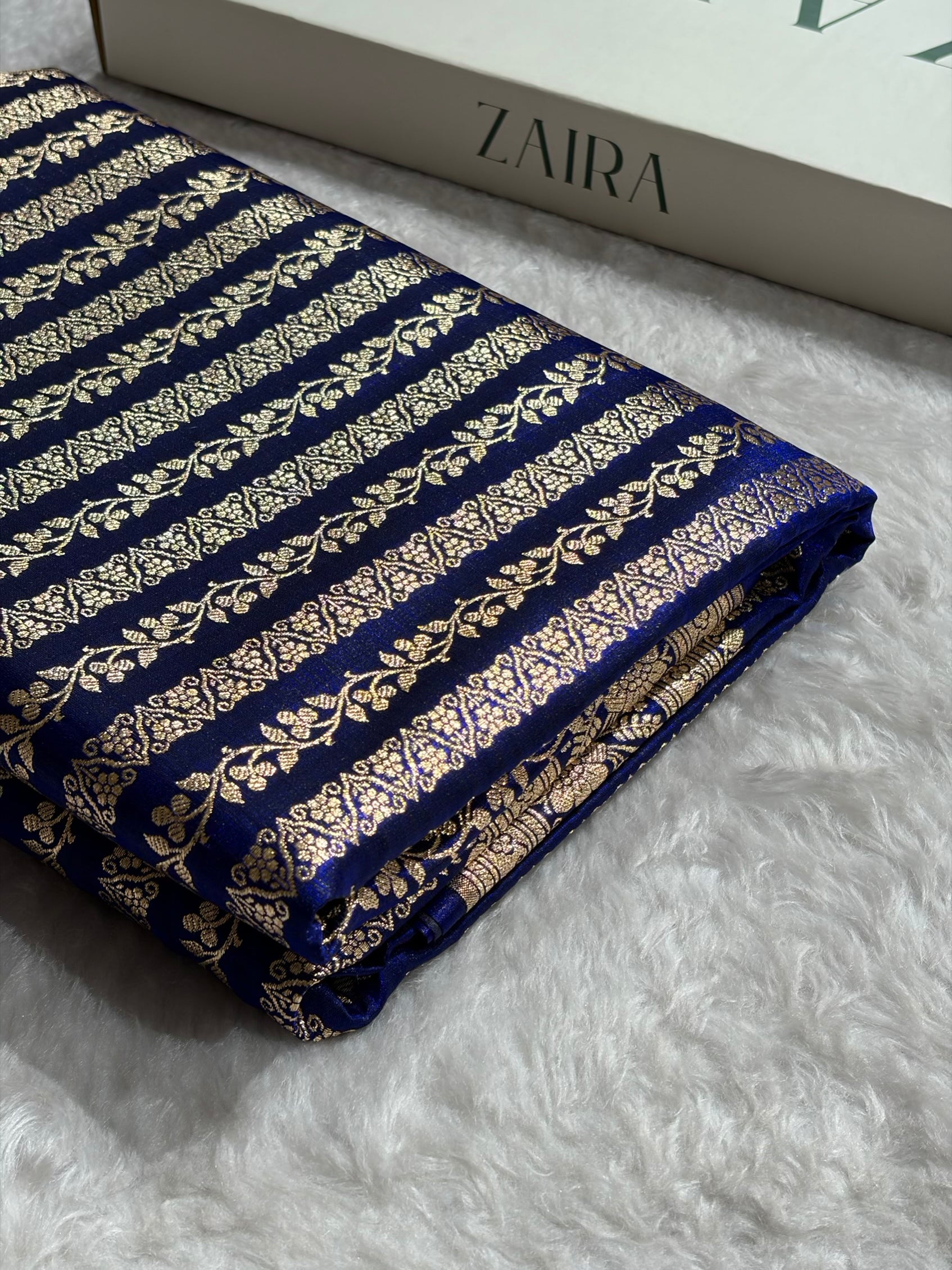 Royal Blue Shades Stripe Pattern Banarasi Satin Silk Saree SS46