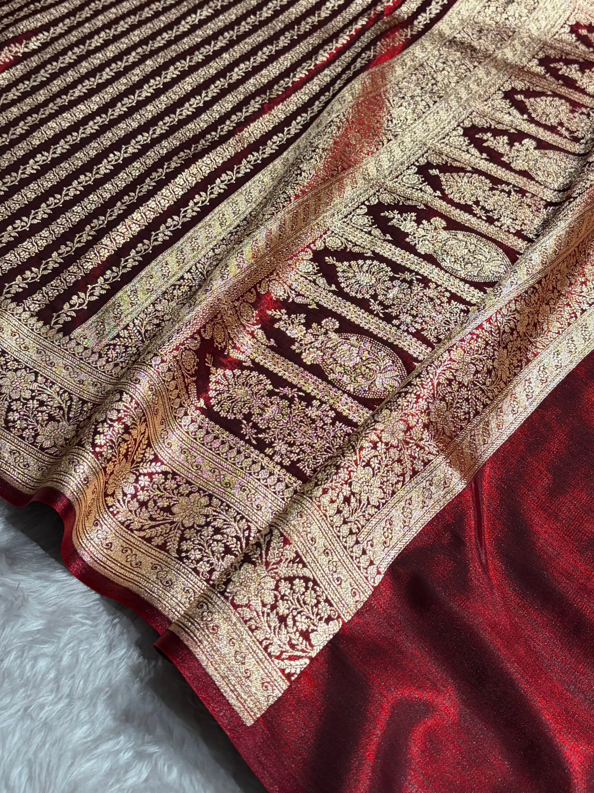 Maroon Shades Stripe Pattern Banarasi Satin Silk Saree SS46