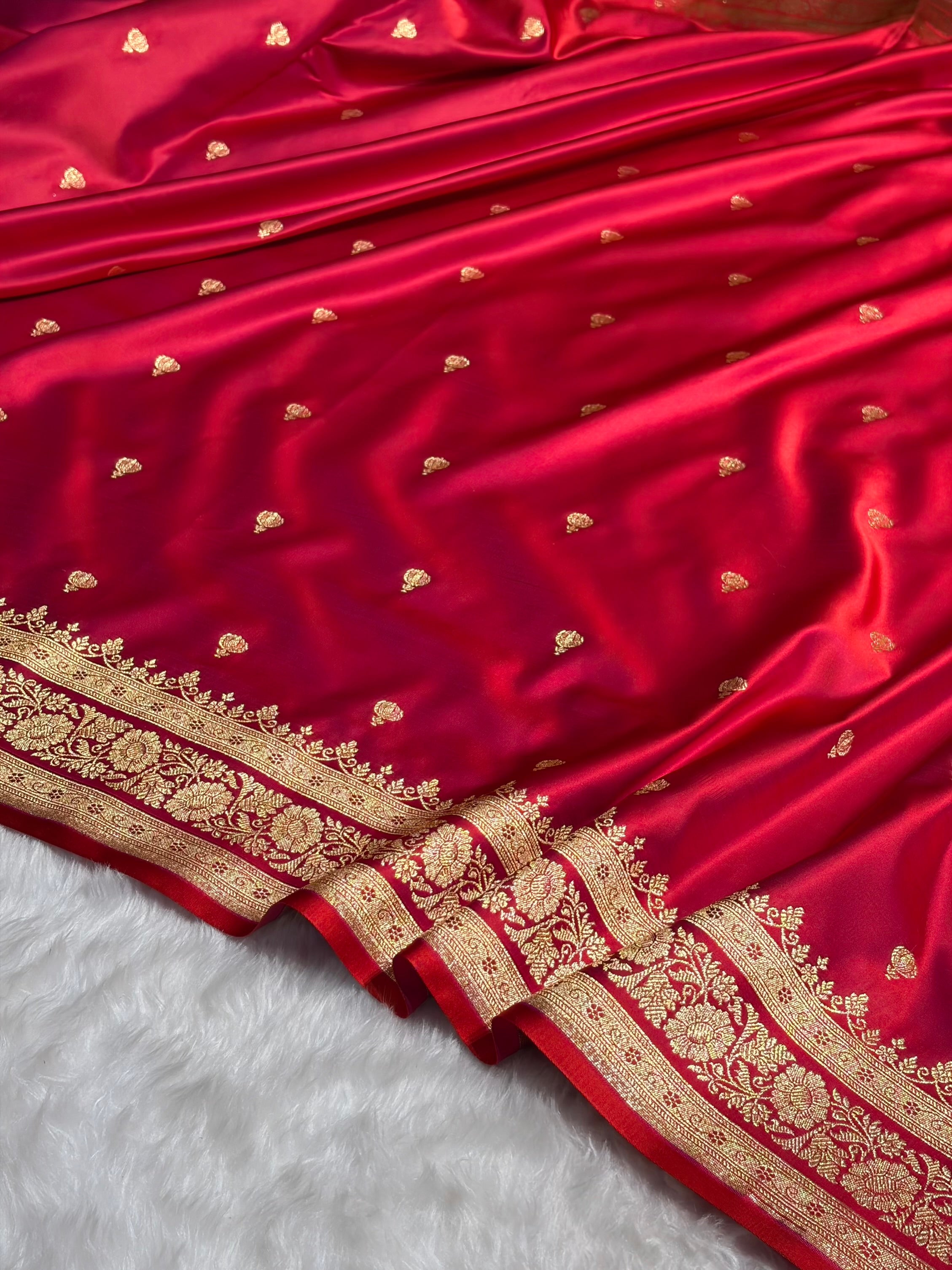 Magentic Red Booti Pattern Satin Katan Silk Saree SK66