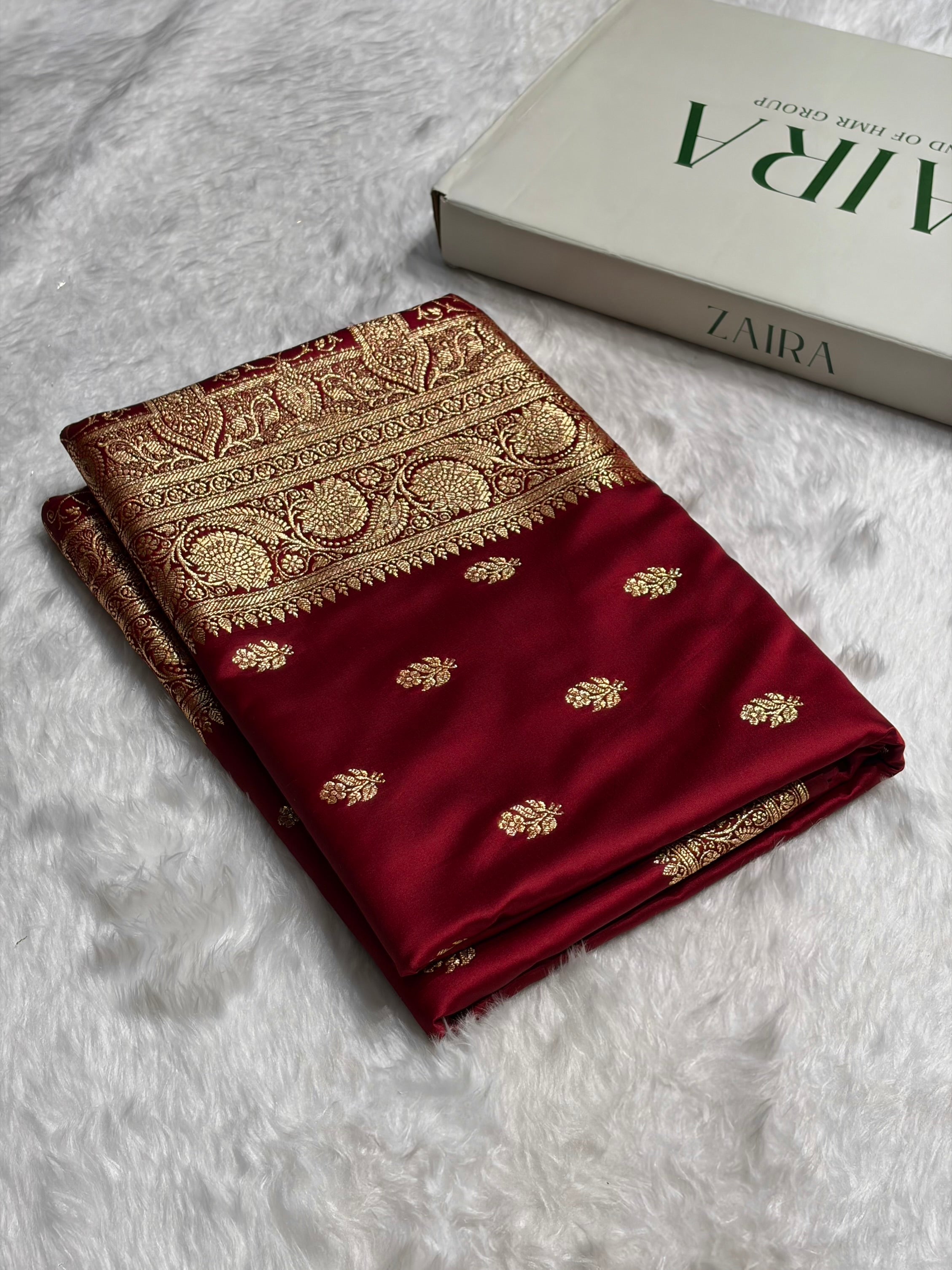 Maroon Floral Boota Pattern Satin Katan Silk Saree SK71