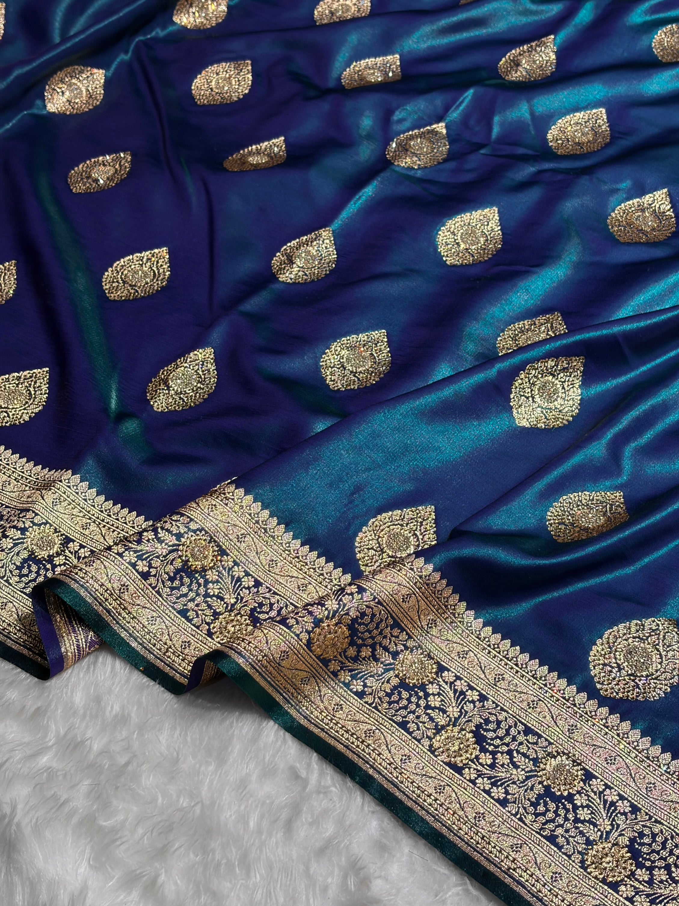 Peacock Shades Banarsi Satin Silk Boota with Stone Work