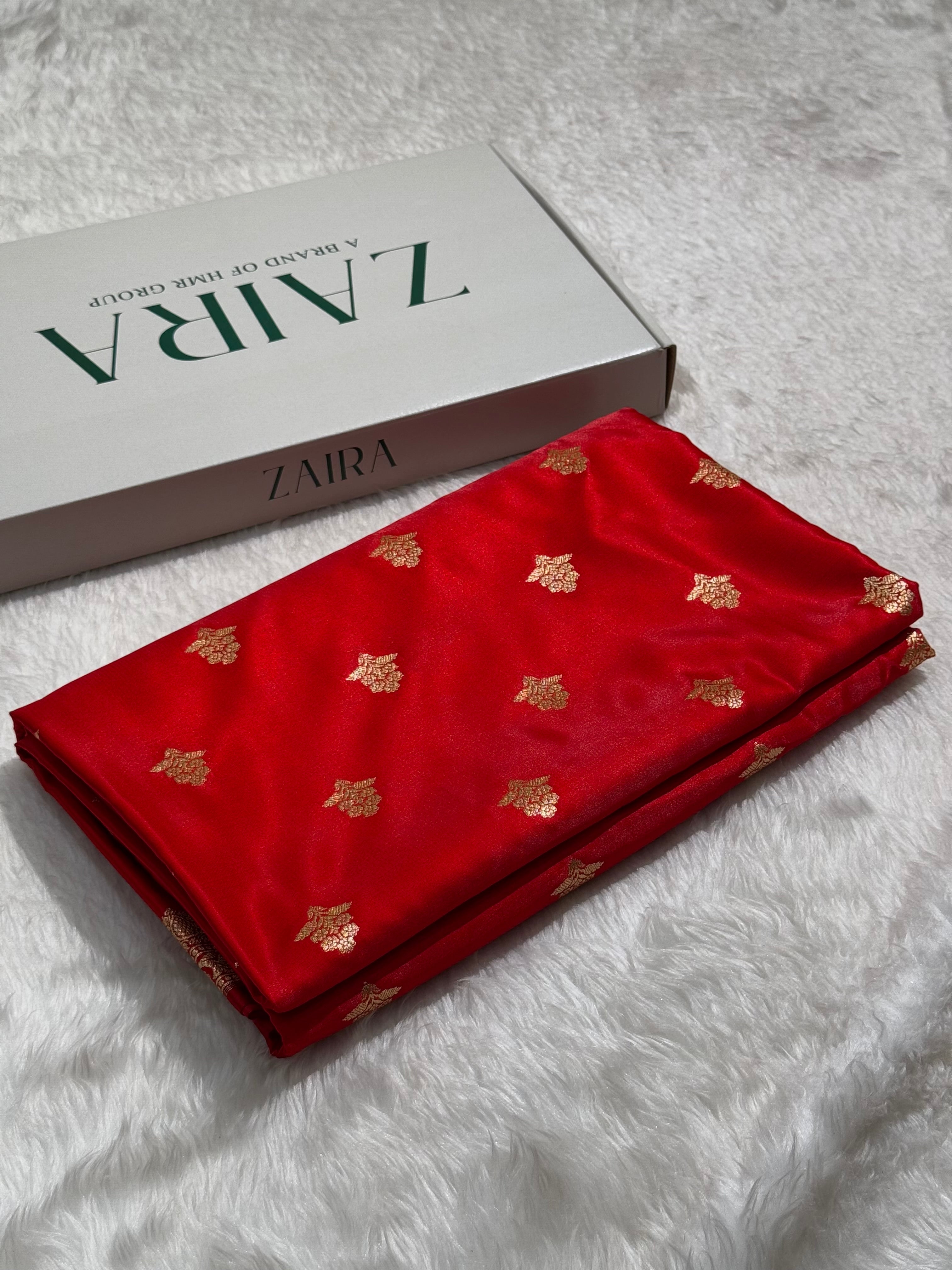 Light Wight Satin Silk Boota in Red Shades with brocade Blouse SS07