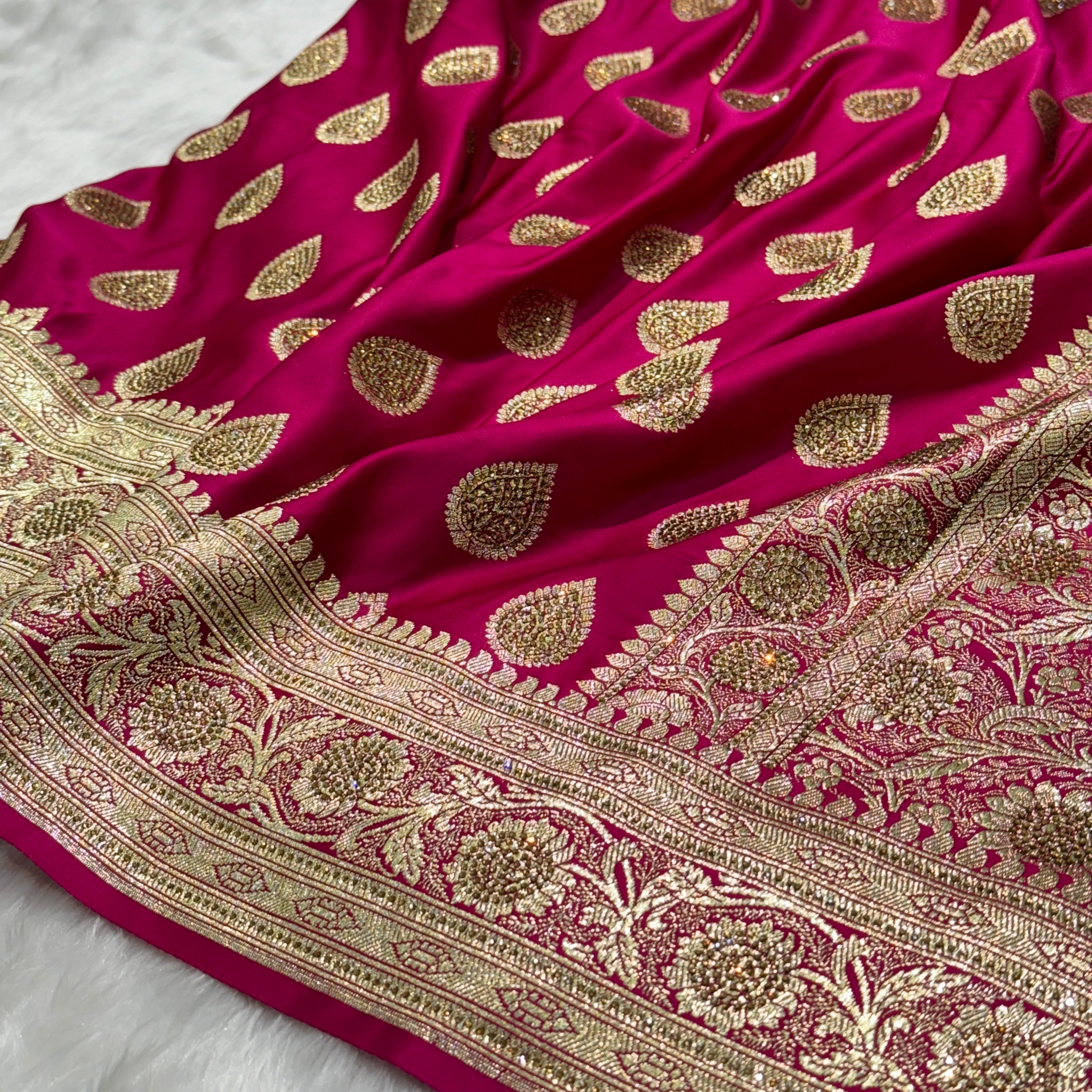 Rani Boota Satin Katan Silk Saree with Swarovski Work.