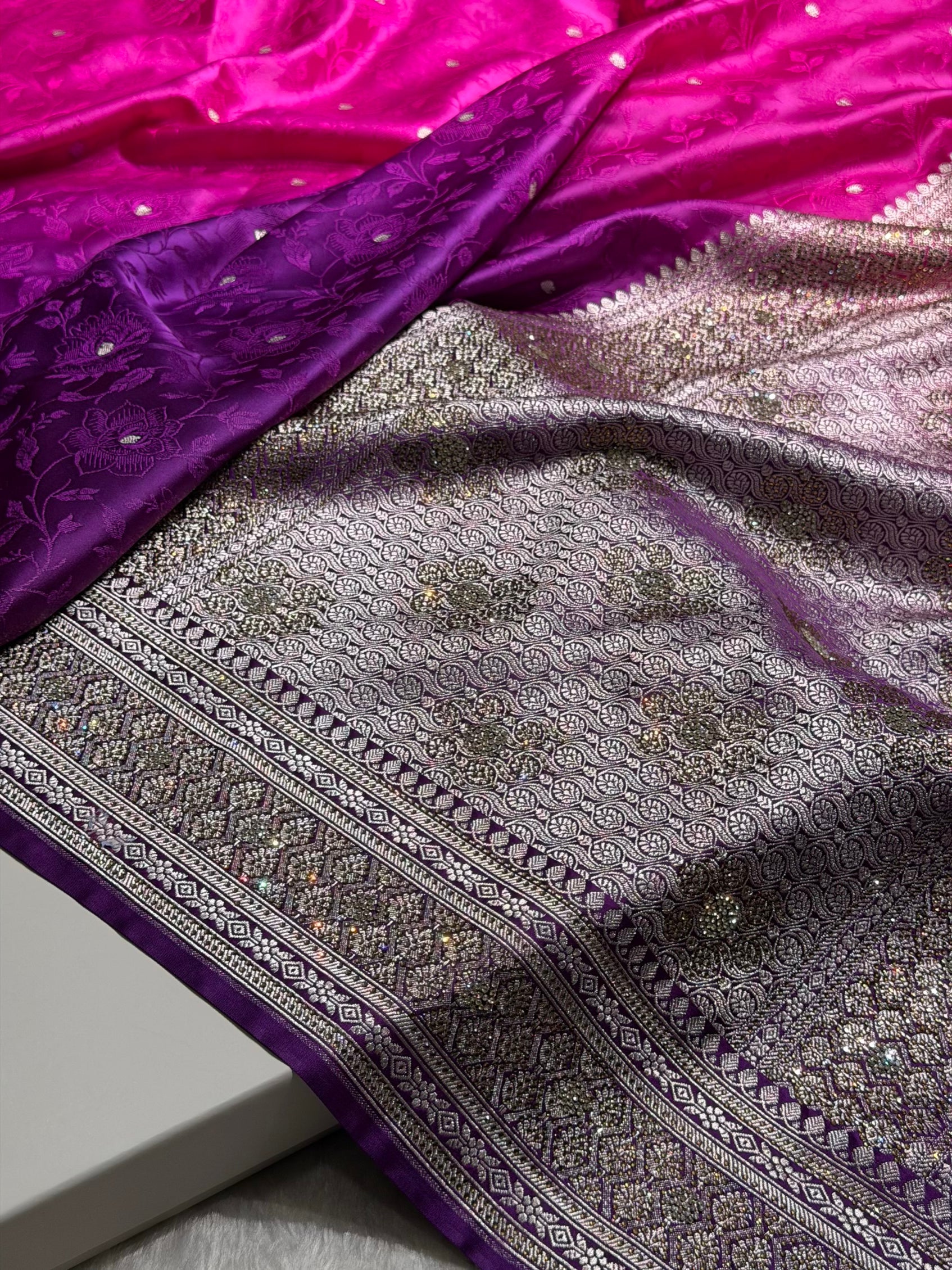 Ombre Purple With Pink Dual Shades Minakari Tanchoi With Swarovski Work Floral Booti Mashru Silk Saree BMS59