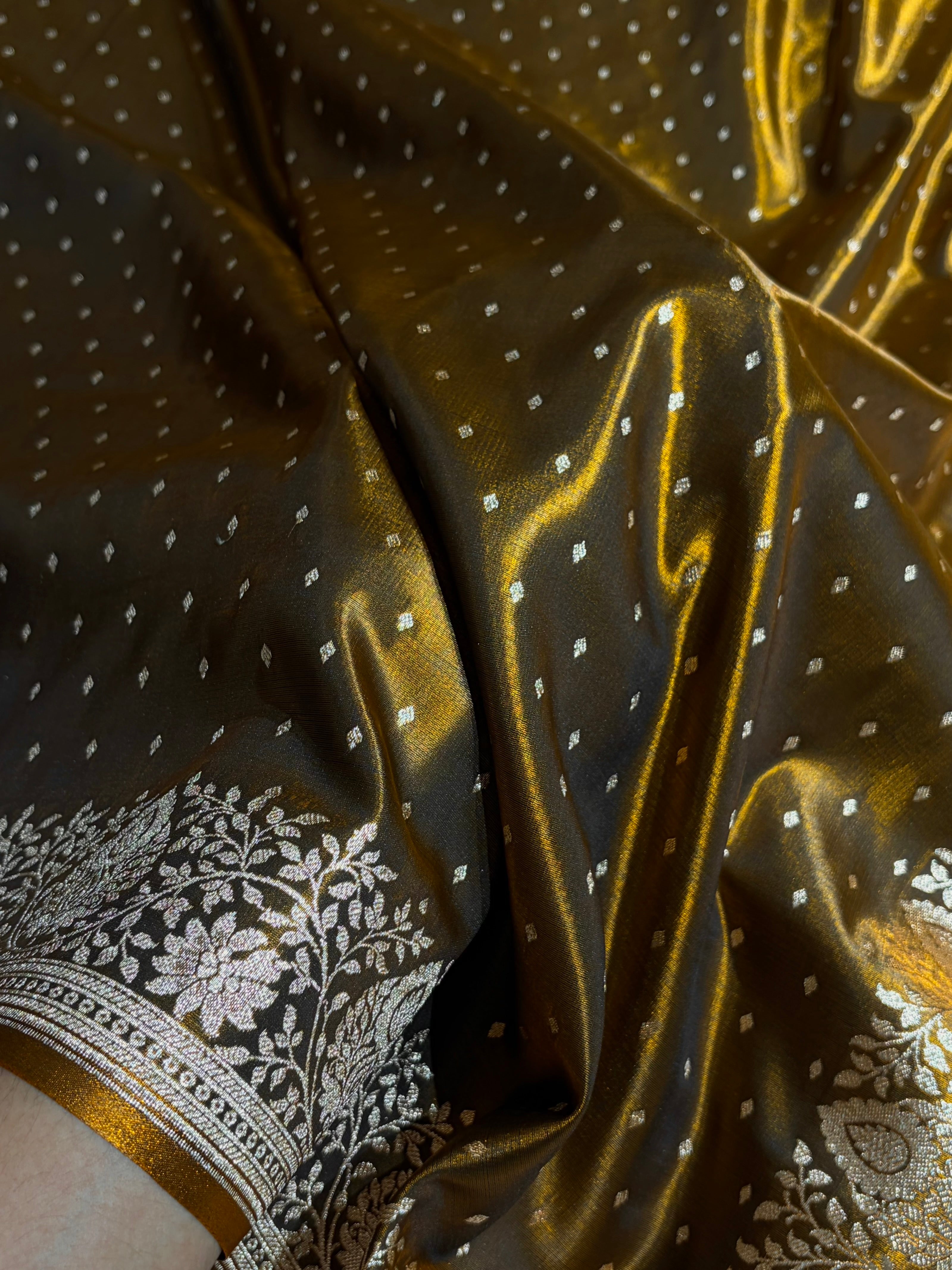 Satin Silk Saree Floral Boota in Mahendi Shades SS28