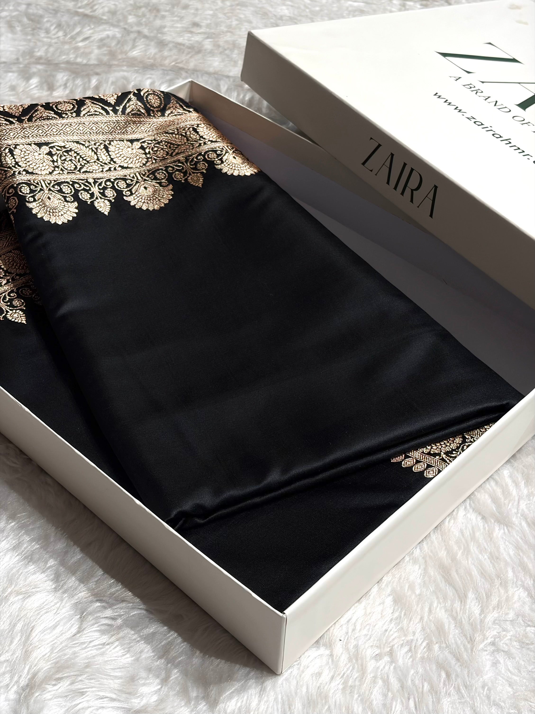 Banarasi Satin Katan Saree Floral Booti Pattern in Black Shades SK150