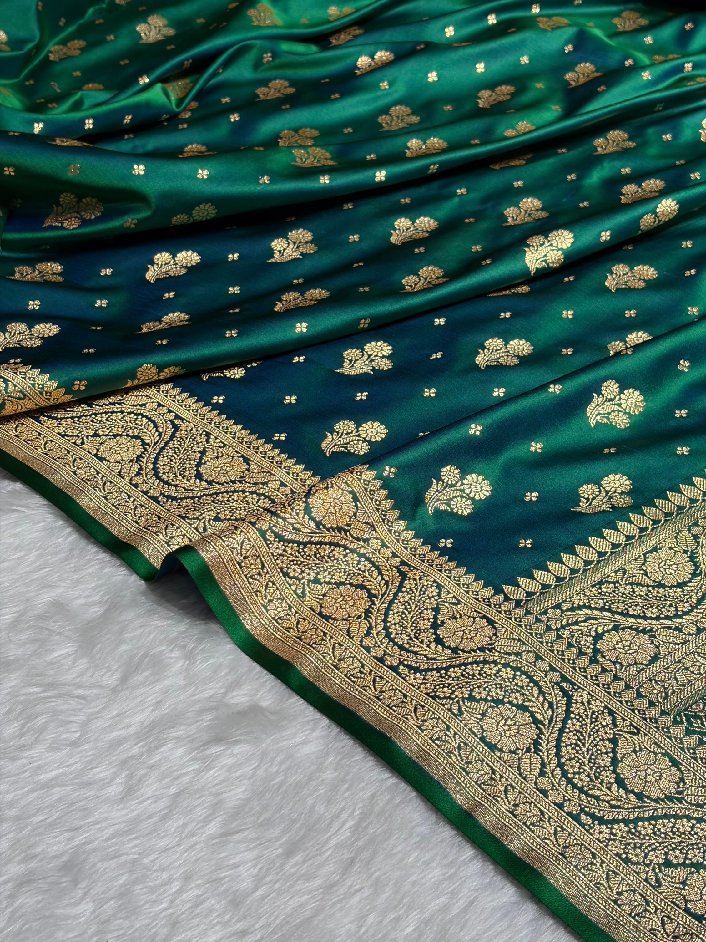 Cross Green Floral Unique Boota Pattern Satin Katan Silk Saree SK73