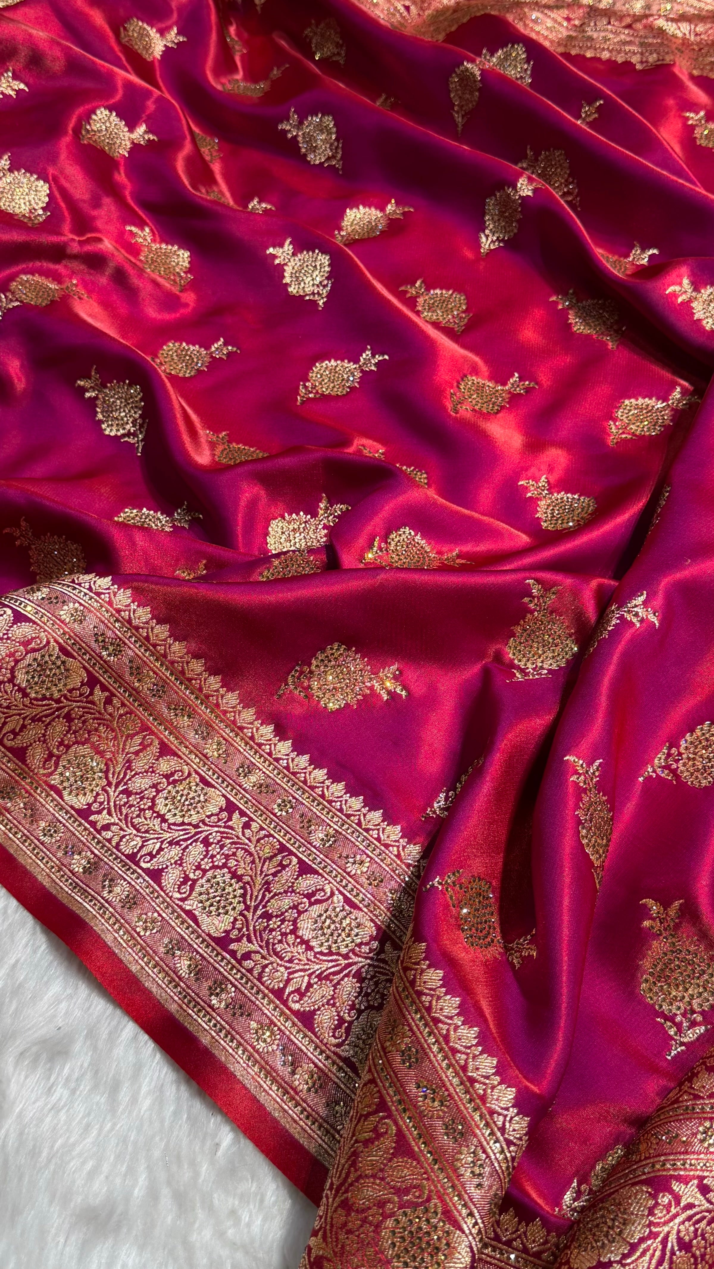 Satin Silk Saree Swarovski Work Floral Boota in Reddish Magenta Shades BSS26