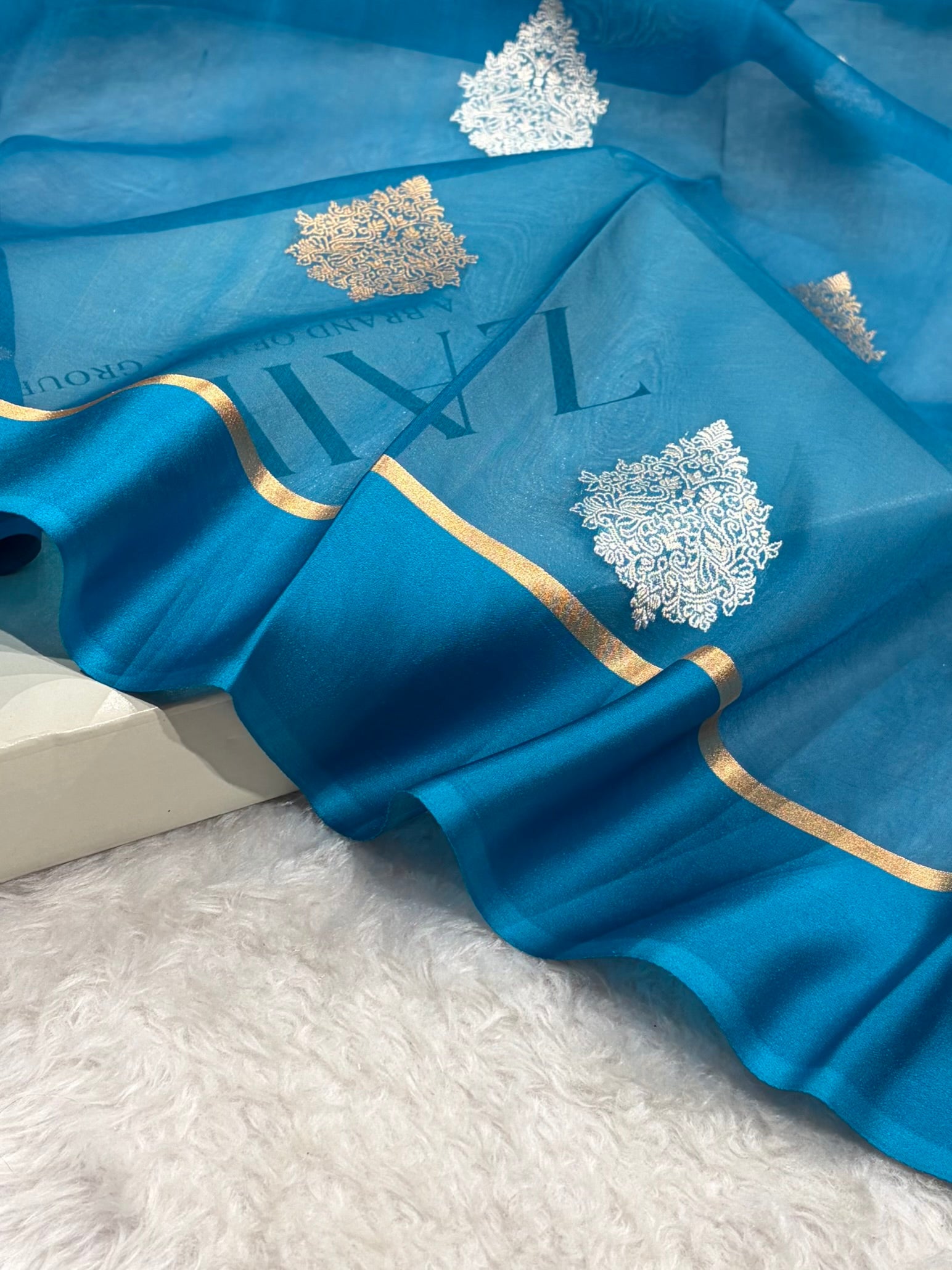 Pure Banarasi Organza Firozi Shades With Floral Banarasi Silk Saree PO-29