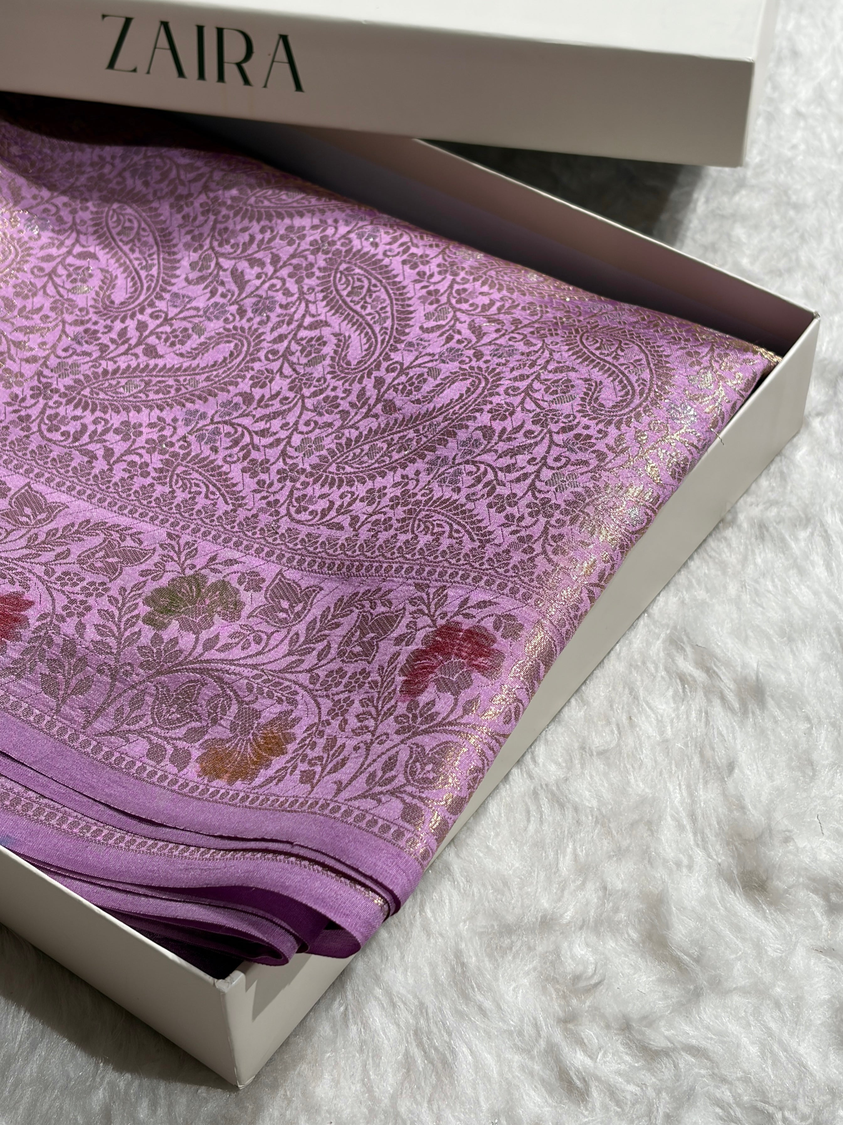 Banarasi Lavender Shade Flower Minakari Brocade Pure Caramel Mango Silk Saree CS-20