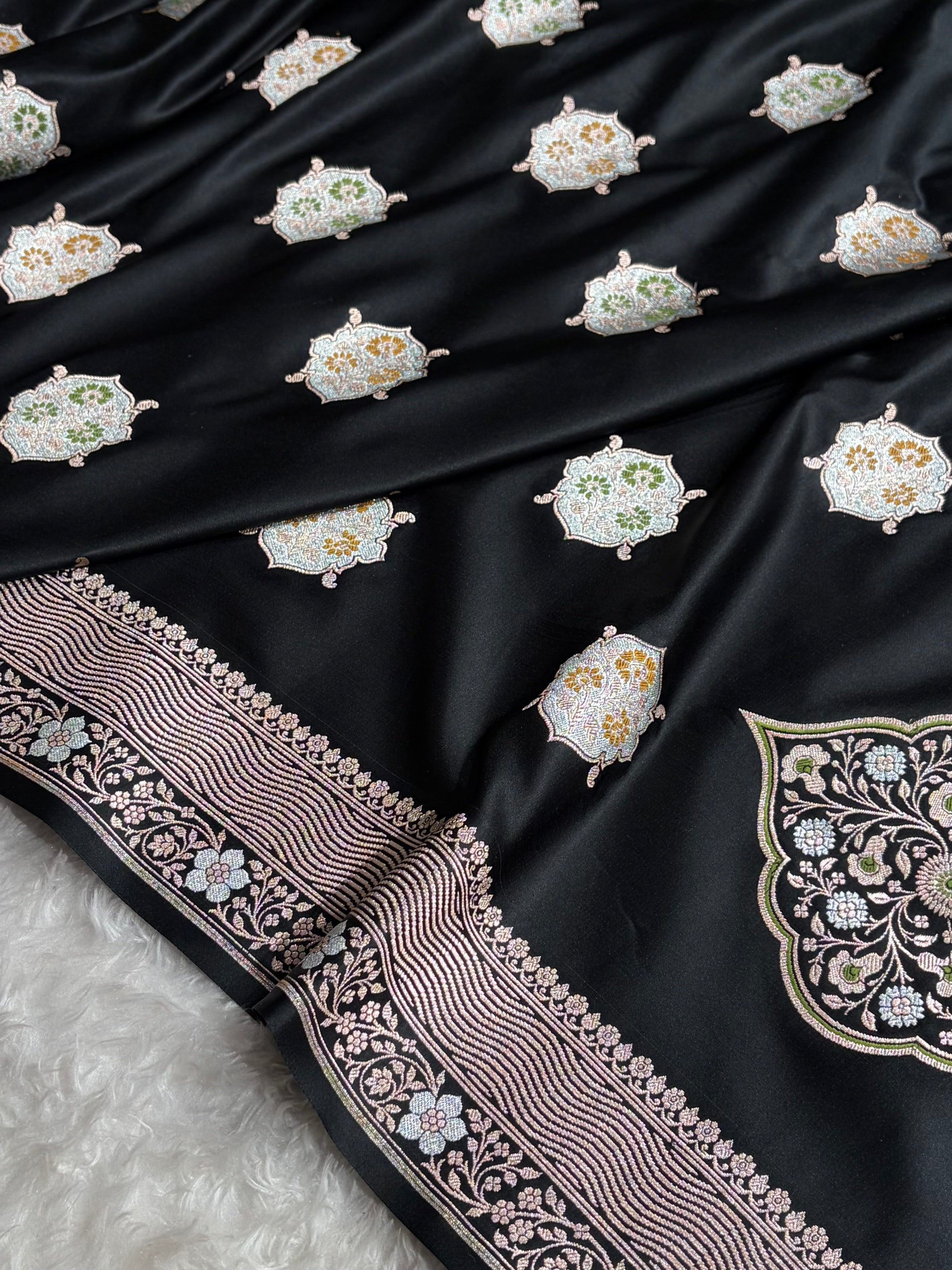 Premium Banarasi Satin Katan Saree Minakari Booti Pattern in Black Shades SK138