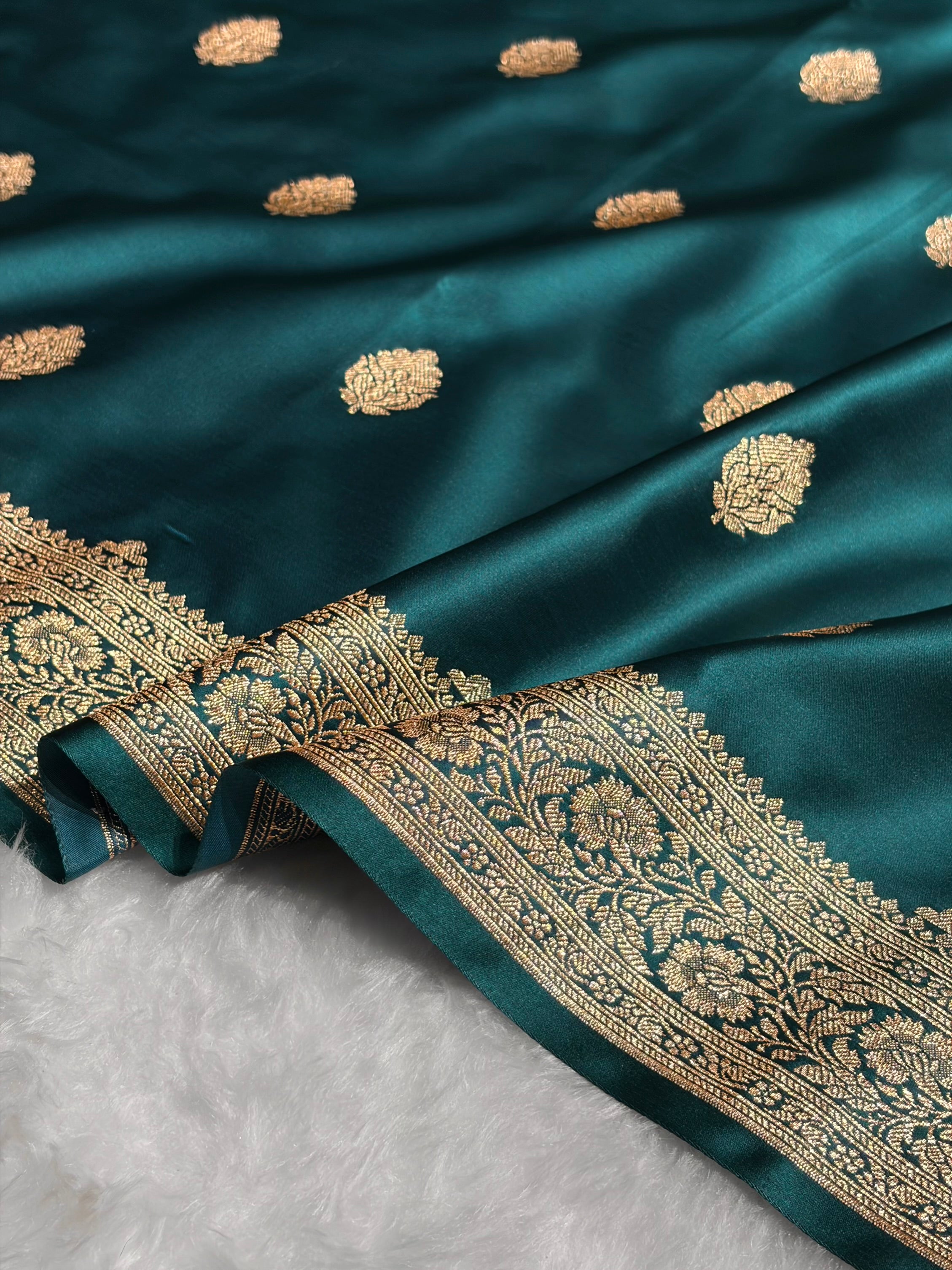 Dark Rama Booti Pattern Satin Katan Silk Saree SK65