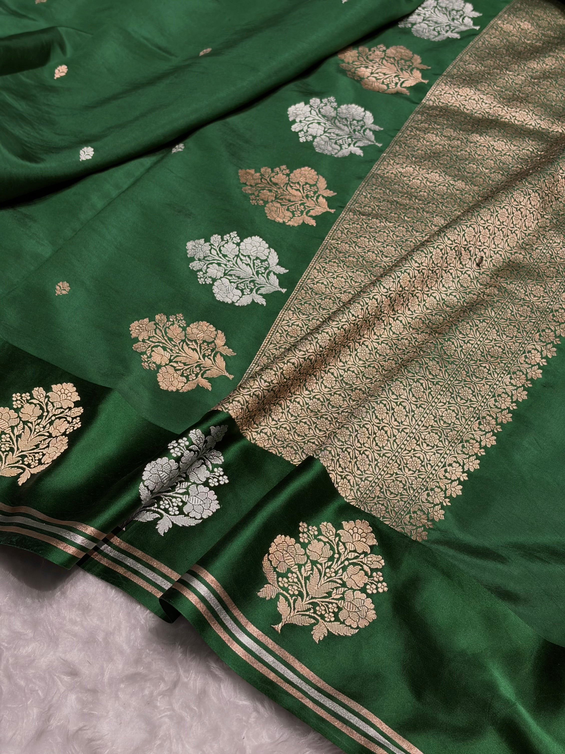 Bottle Green Shade Handwoven Kaduwa Pure Katan Raw Mango Silk RM-01
