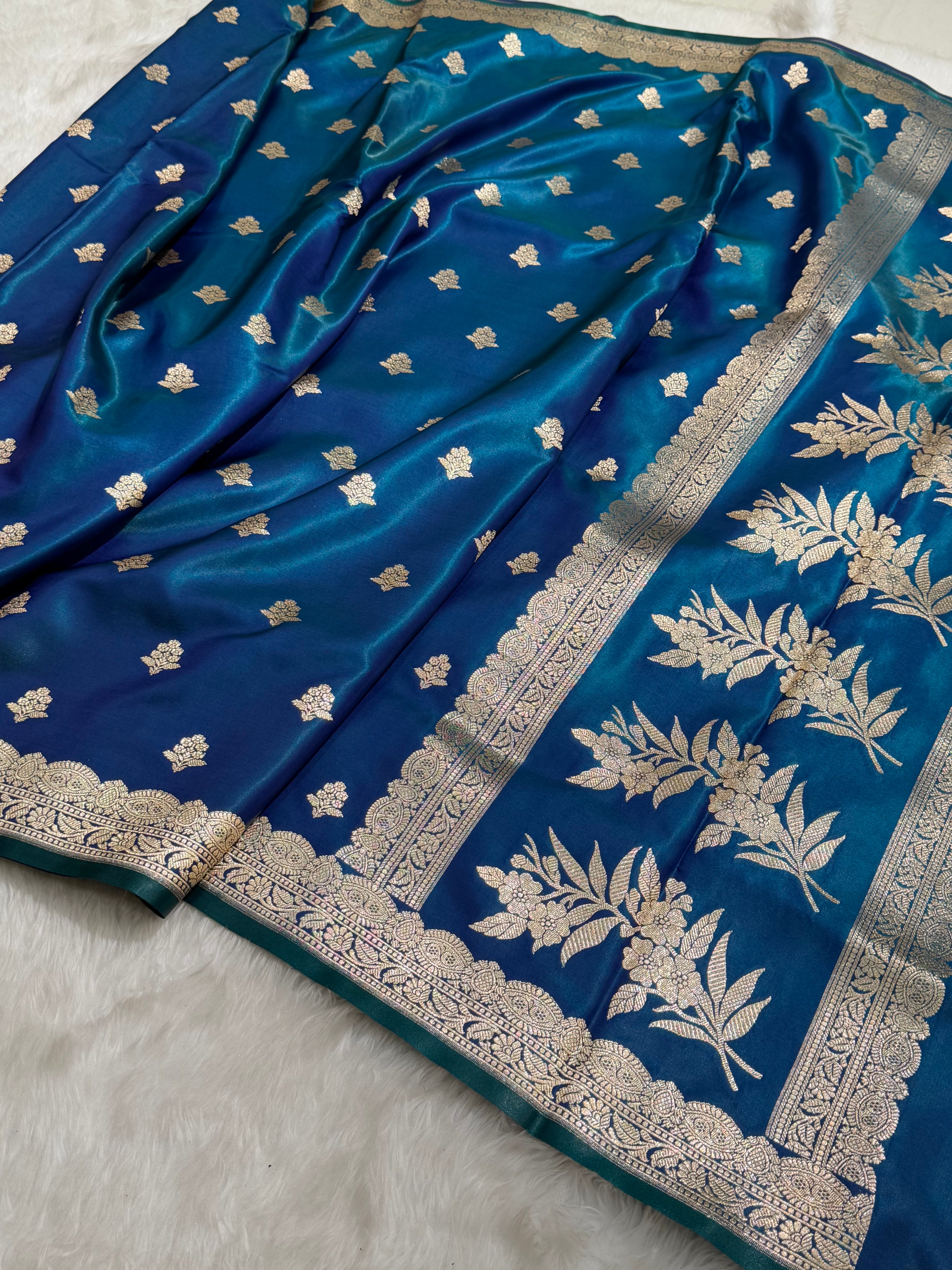 Light Wight Satin Silk Boota in Peacock Shades with brocade Blouse SS07