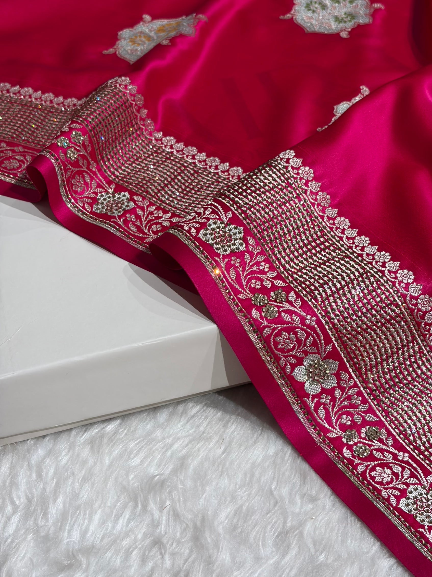 Premium Banarasi Satin Katan Saree Swarovski Work Minakari Booti Pattern in Rani Shades BSK04