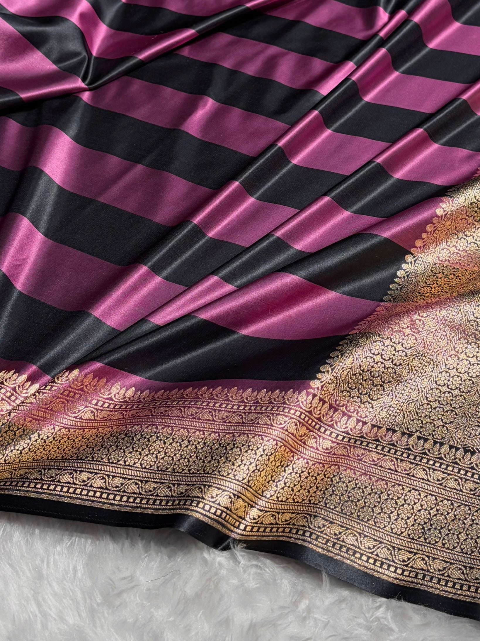 Rani With Black Horizontal Strips Floral Border & Brocket Blouse Mashru Silk Saree MSM-84