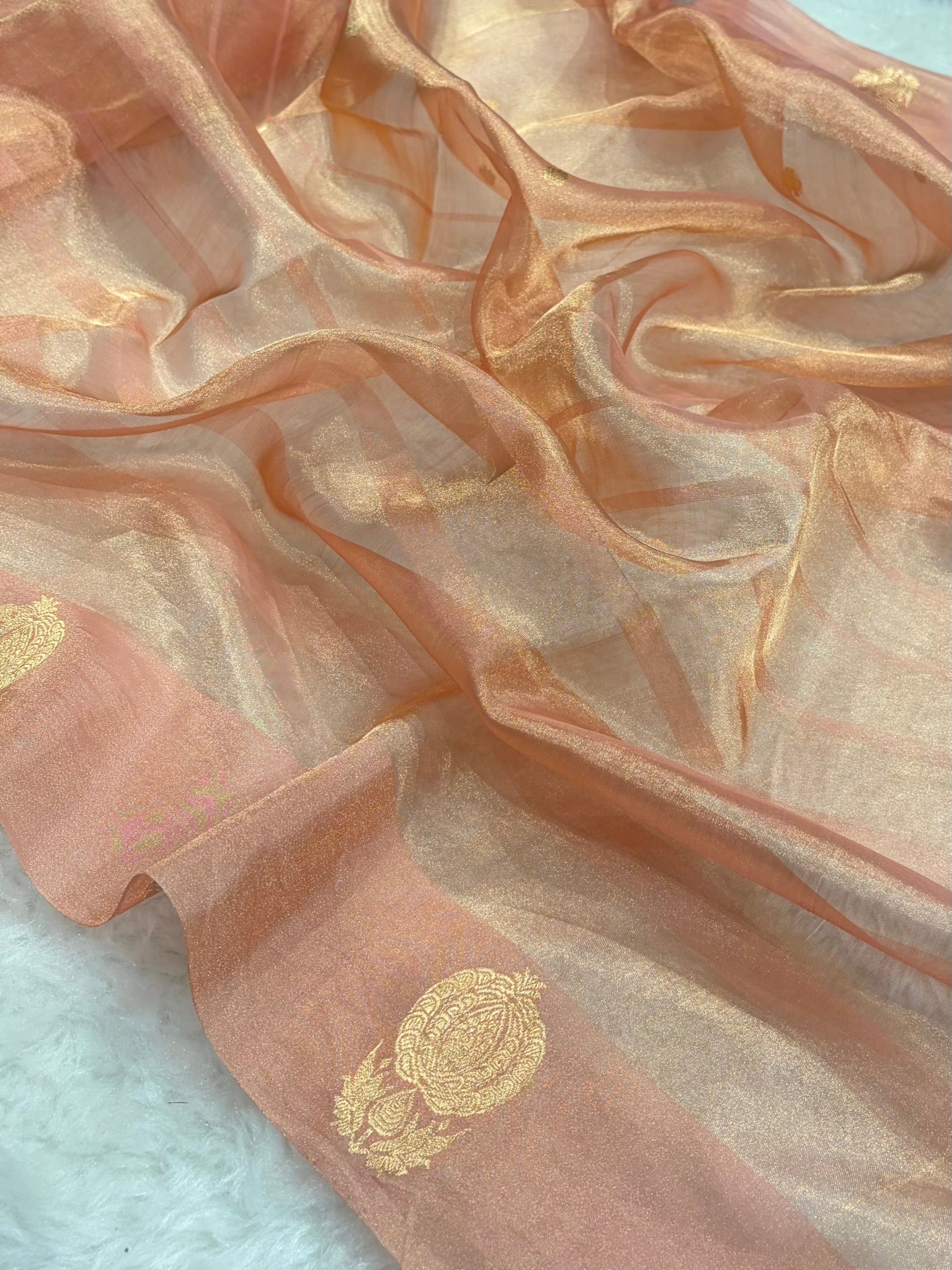 Light Peach Bananasi Floral Shades Pure Tissue Silk Saree PT-55