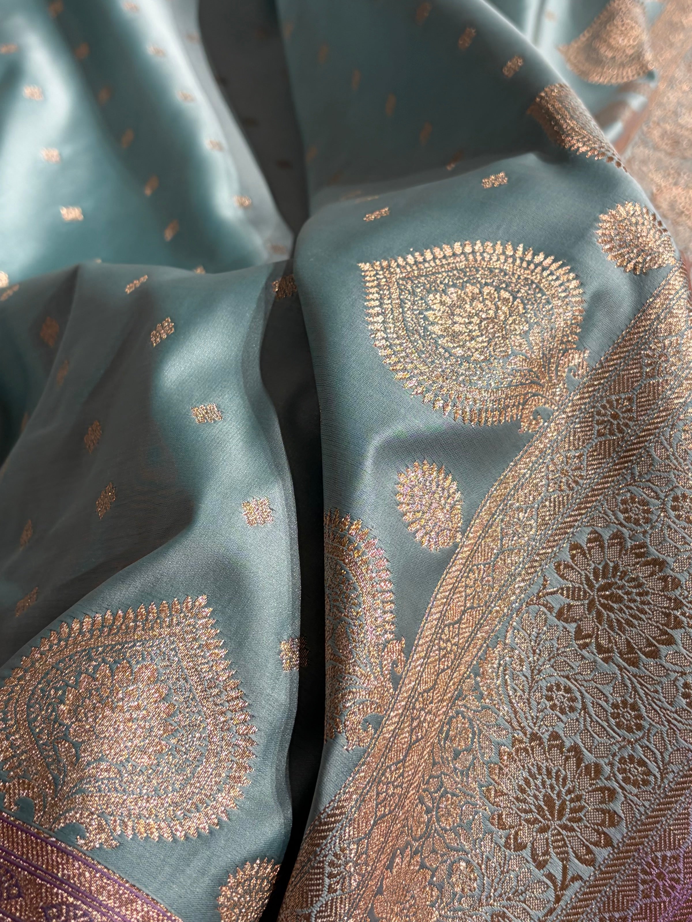 Turquoise with Lavender Booti Satin Katan Silk saree SK29