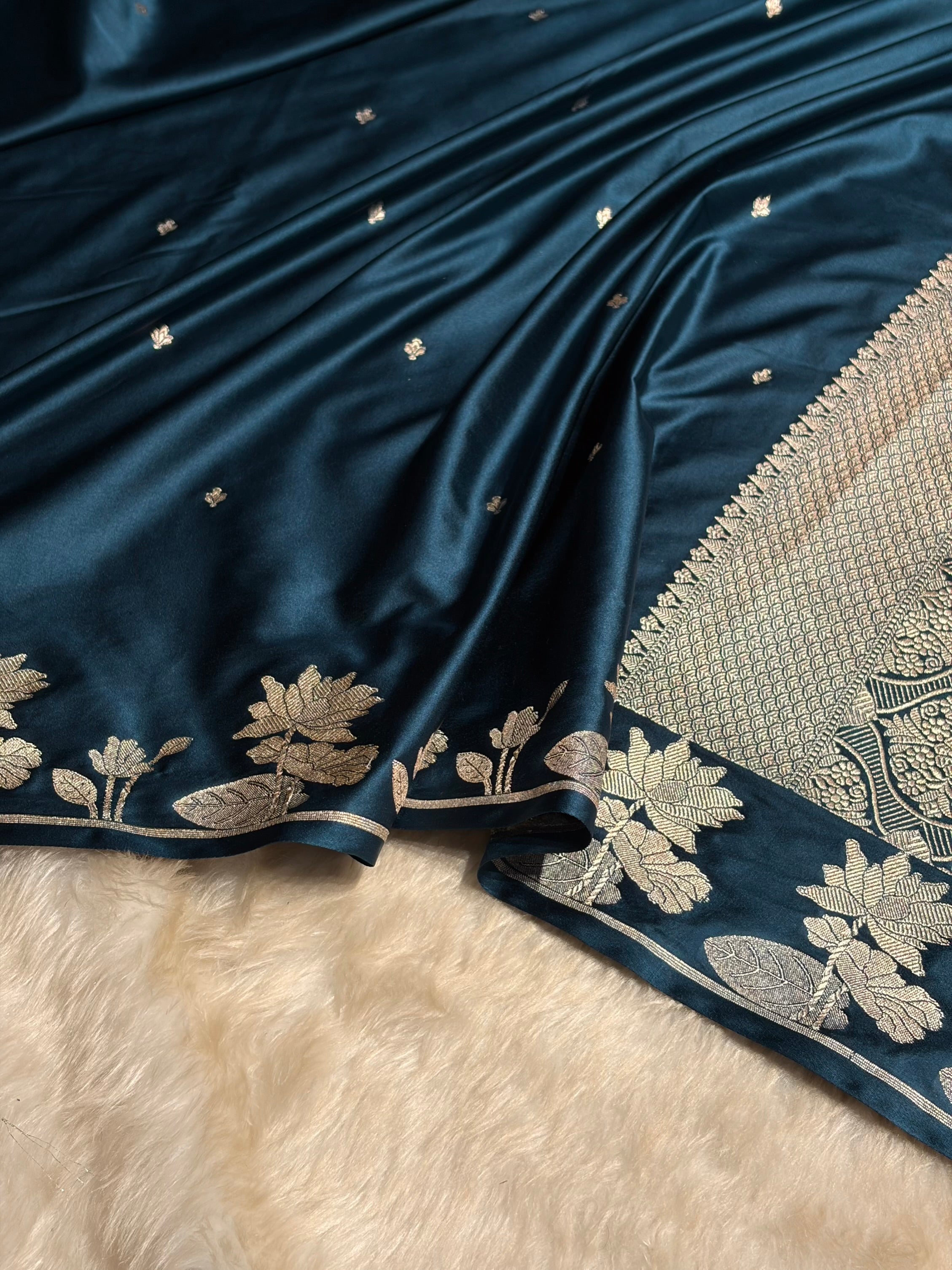 German Blue Floral Border Booti Mashru Silk Saree MS11