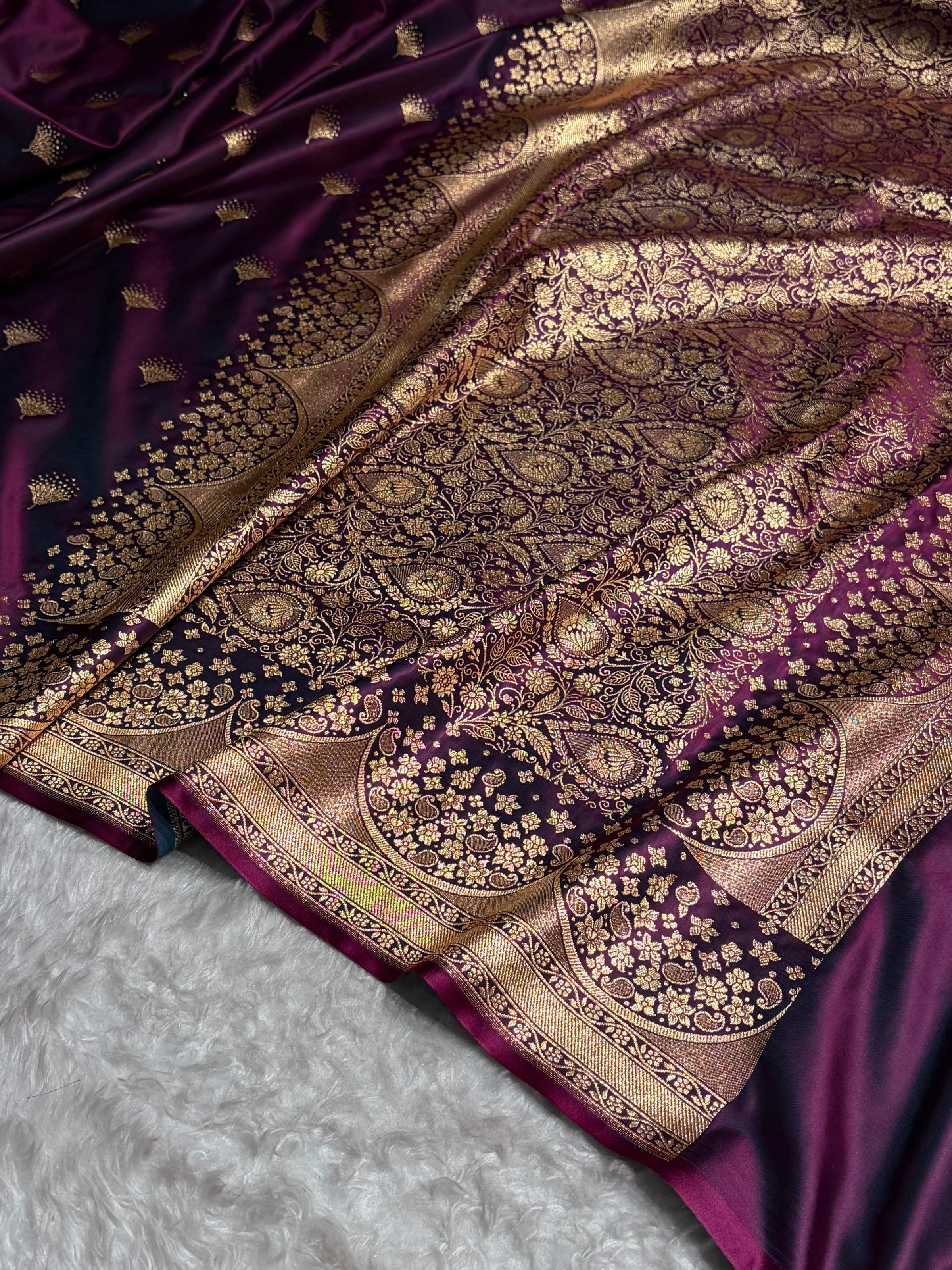 Cross Wine Floral Banasari Pattern Satin Katan Silk Saree SK83
