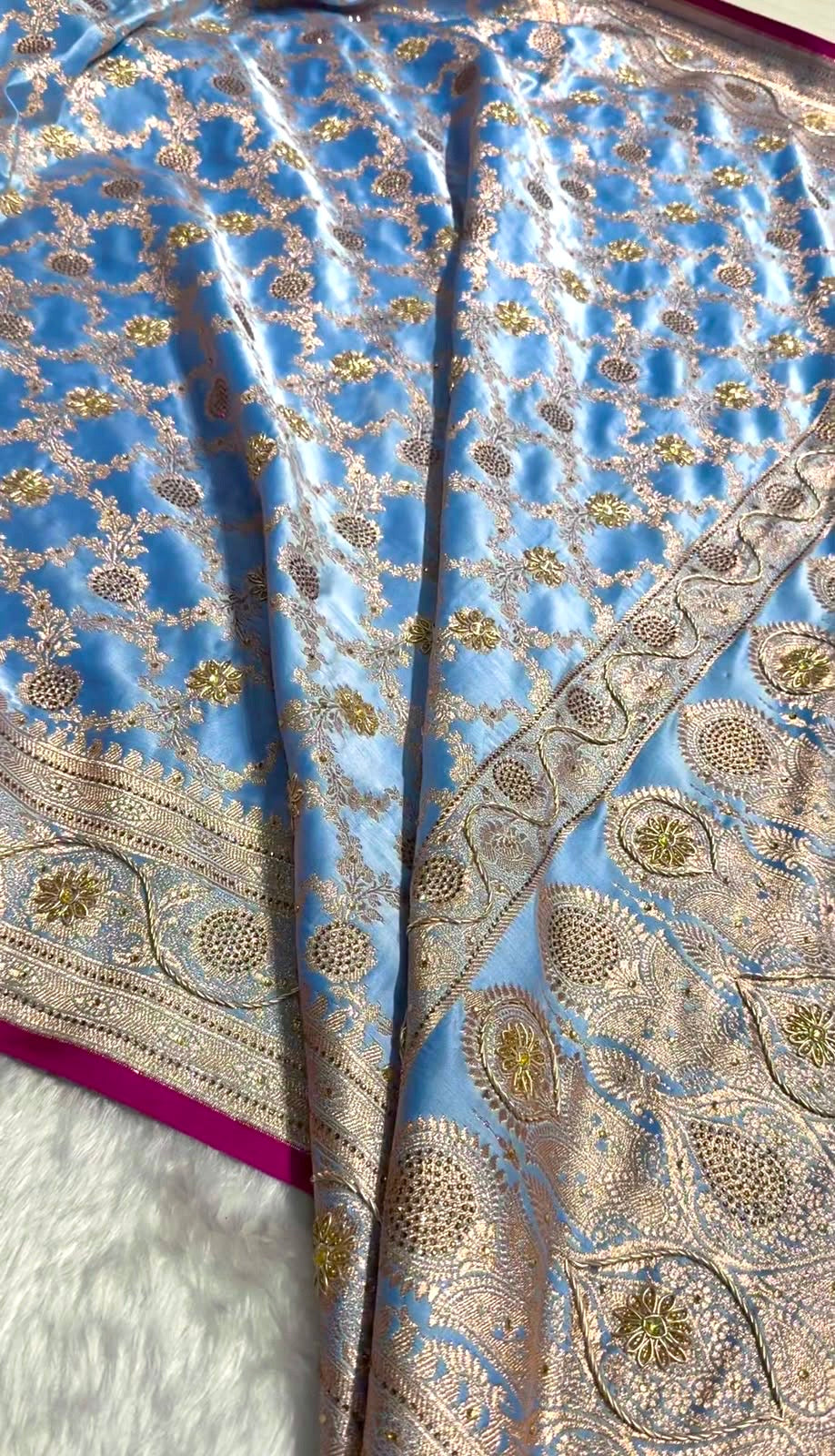 Nile Blue Jaal With Banarasi Swarovski and Zardozi Work Pattern Satin Katan Silk Saree BSK25