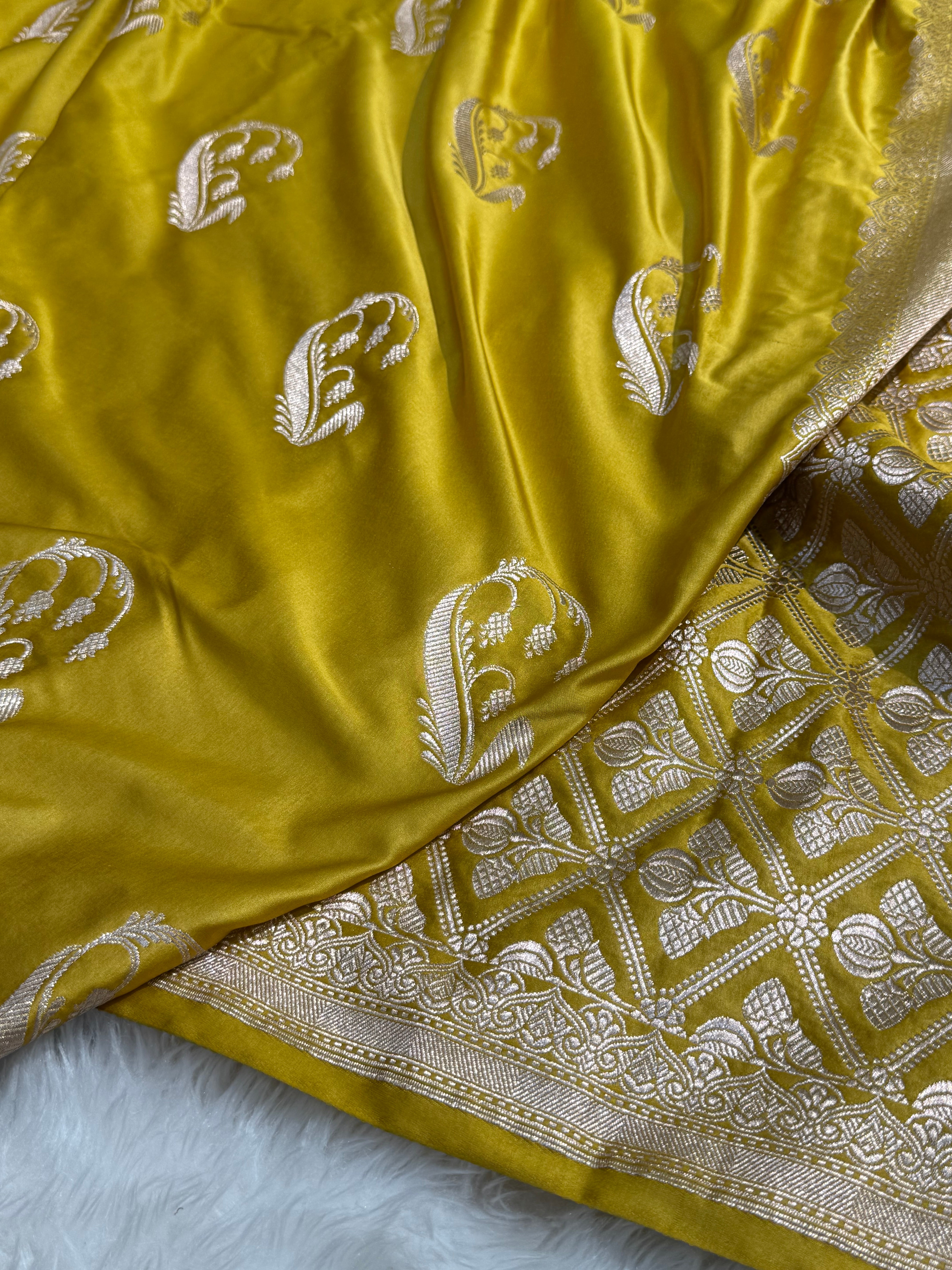 Mustard Unique Boota Motif Mashru Silk Saree