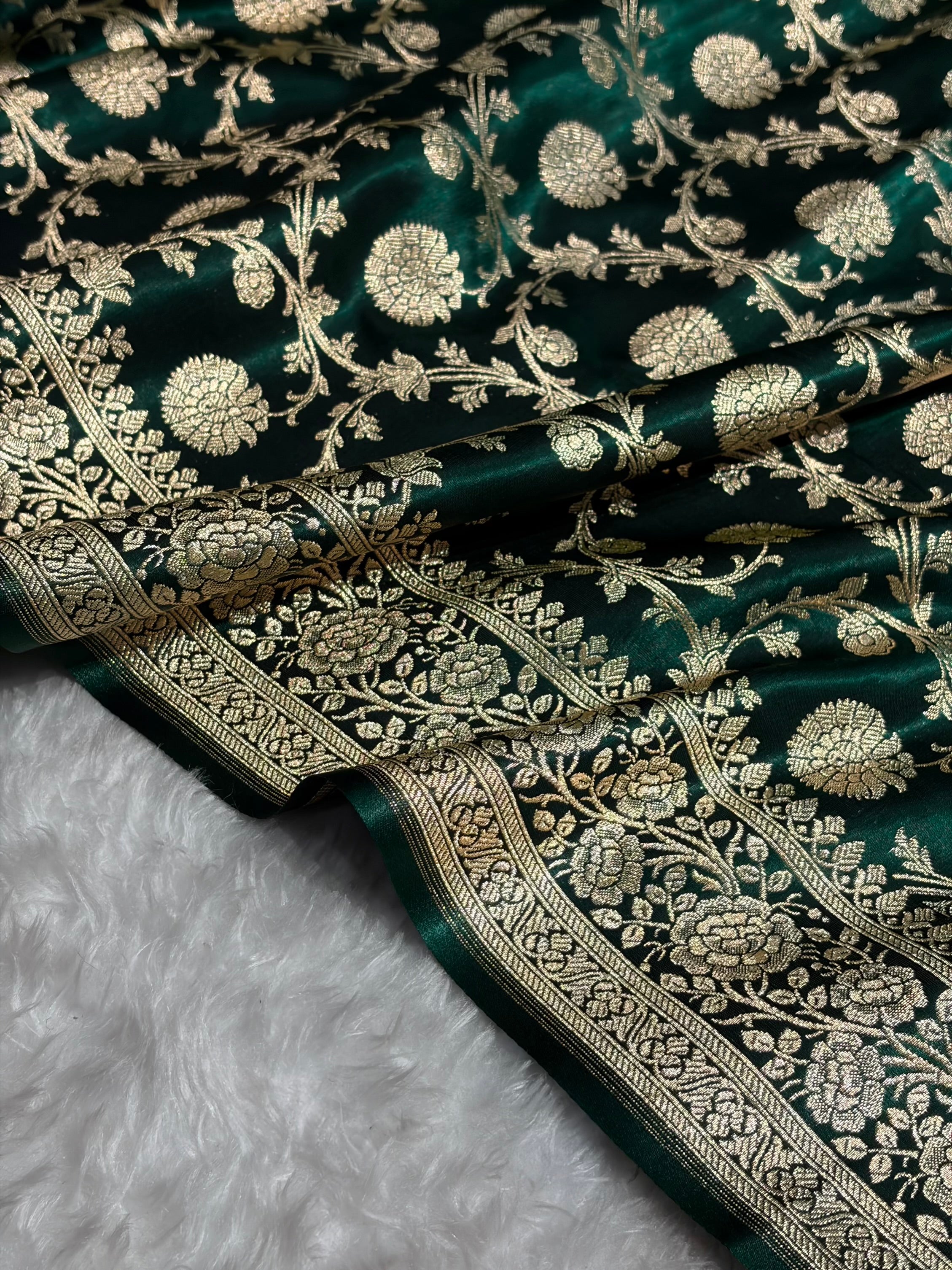 Banarasi Light Weight Dark Bottle Green shades Satin Silk Saree SS15