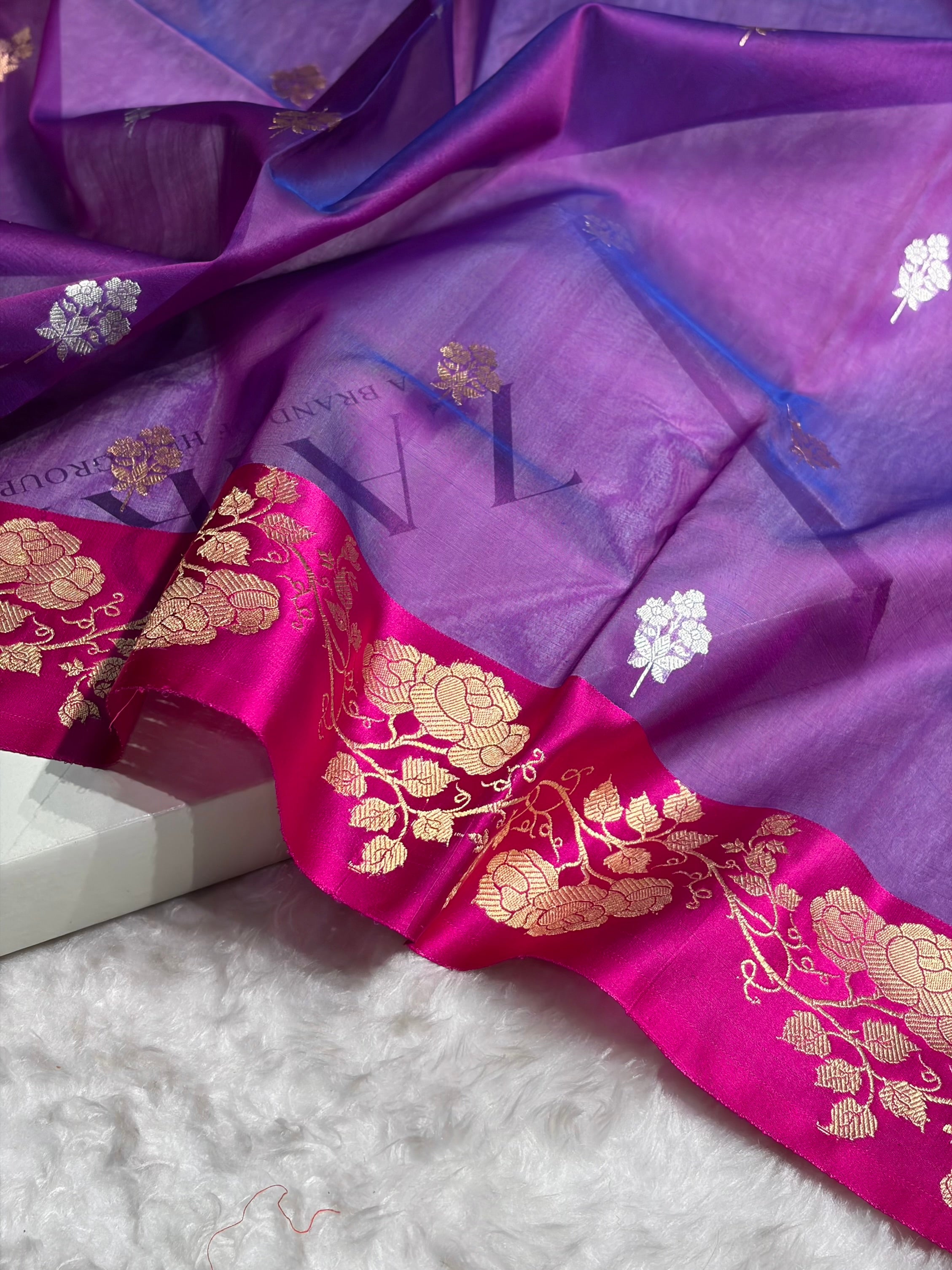 Contrast Pure Banarasi Organza Purple With Rama Floral Banarasi Silk Saree PO-13