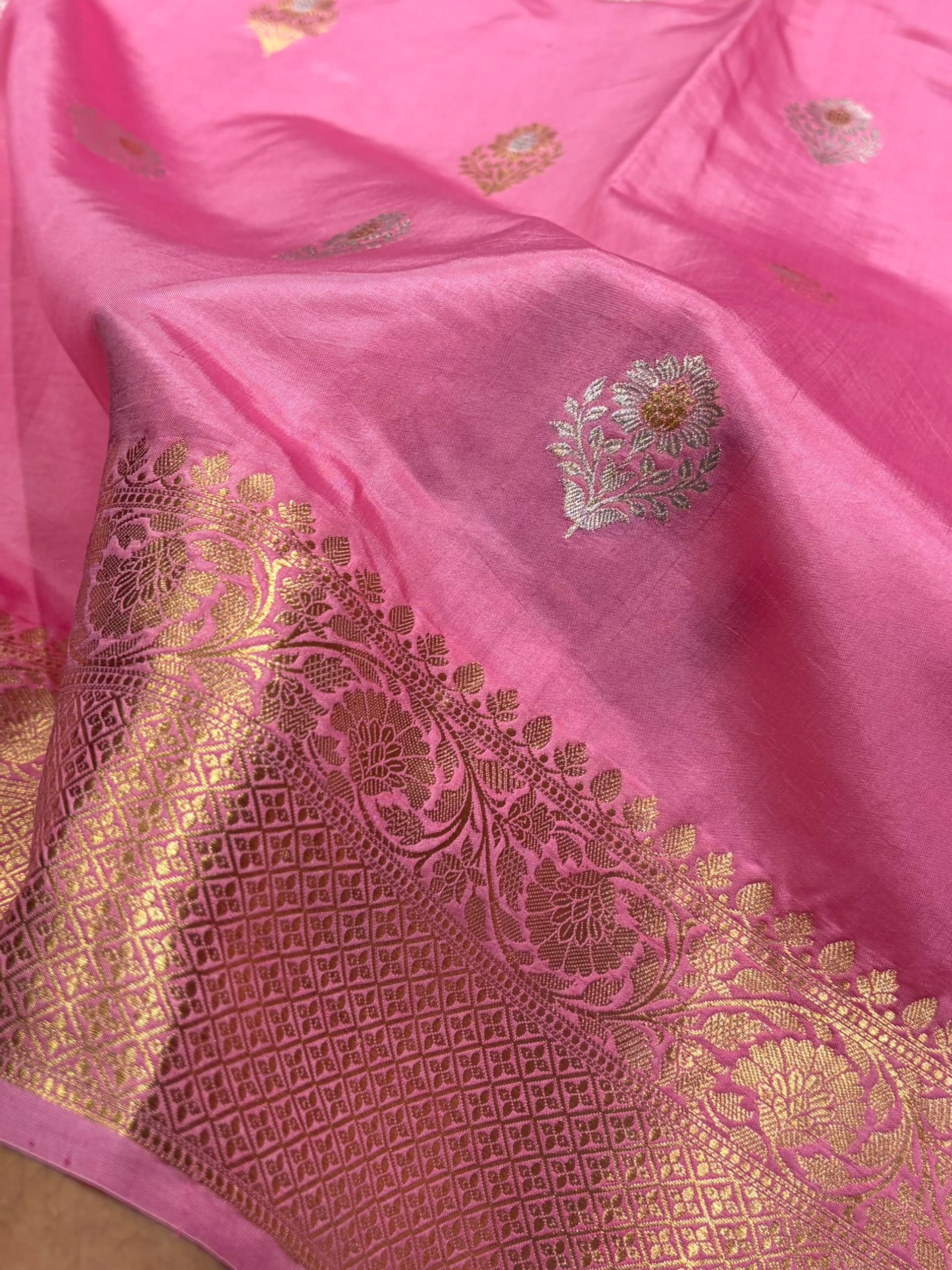 Banarasi Baby Pink Shades Meenakari Boota Handwoven Pure Katan Paper Silk RM-74