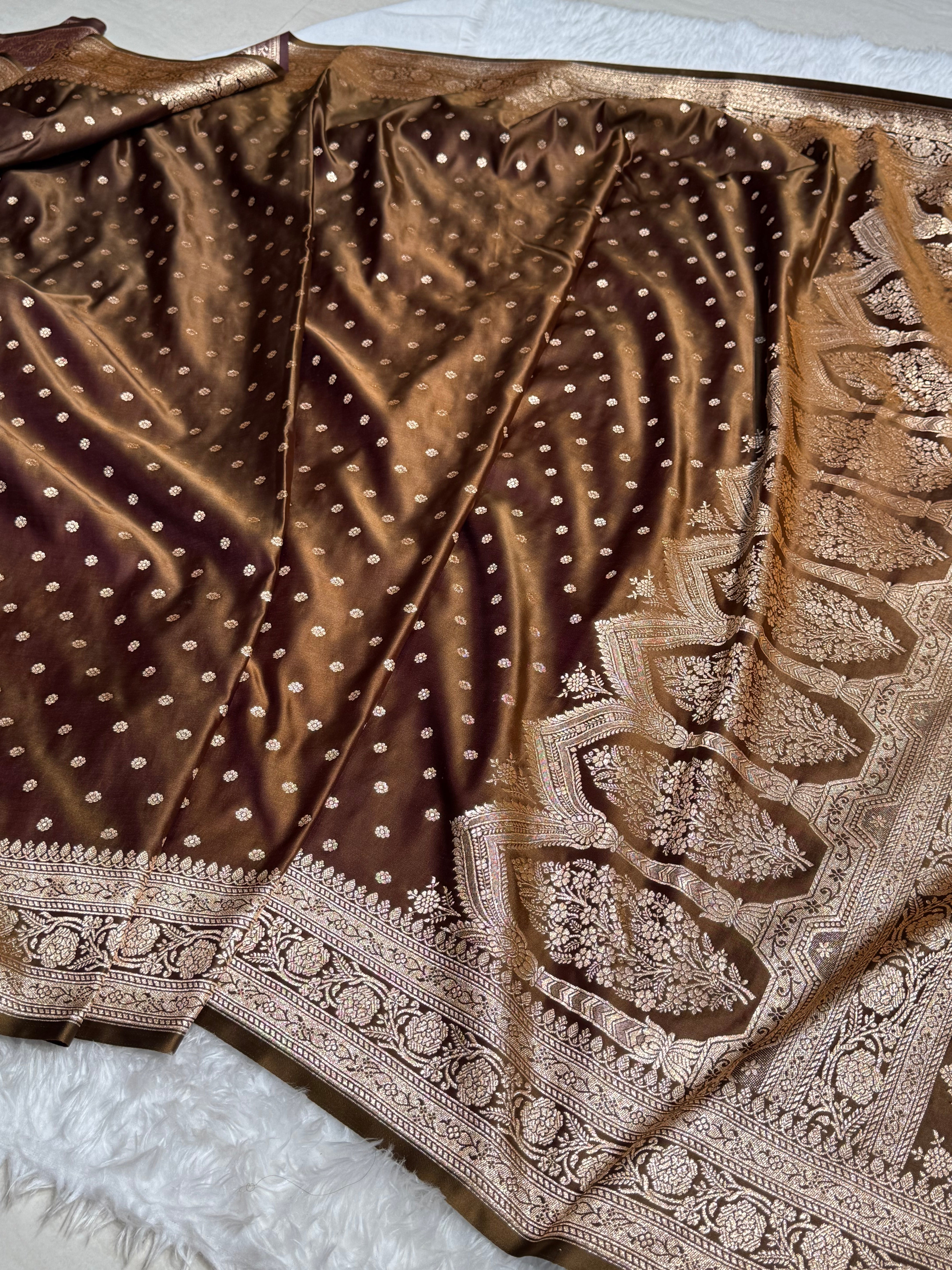 Cross Brown Booti Katan Silk Saree
