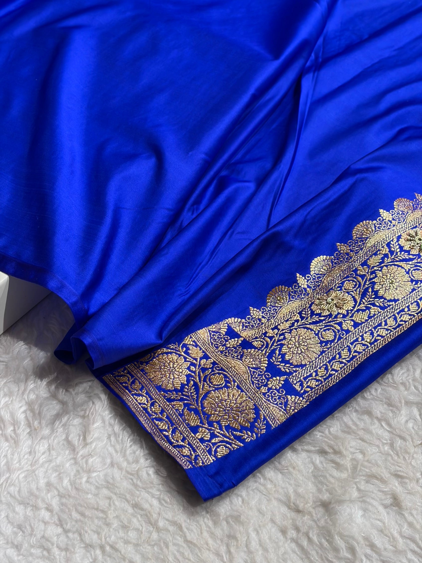 Royal Blue Floral Jaal Pattern Satin Katan Silk Saree BSK43