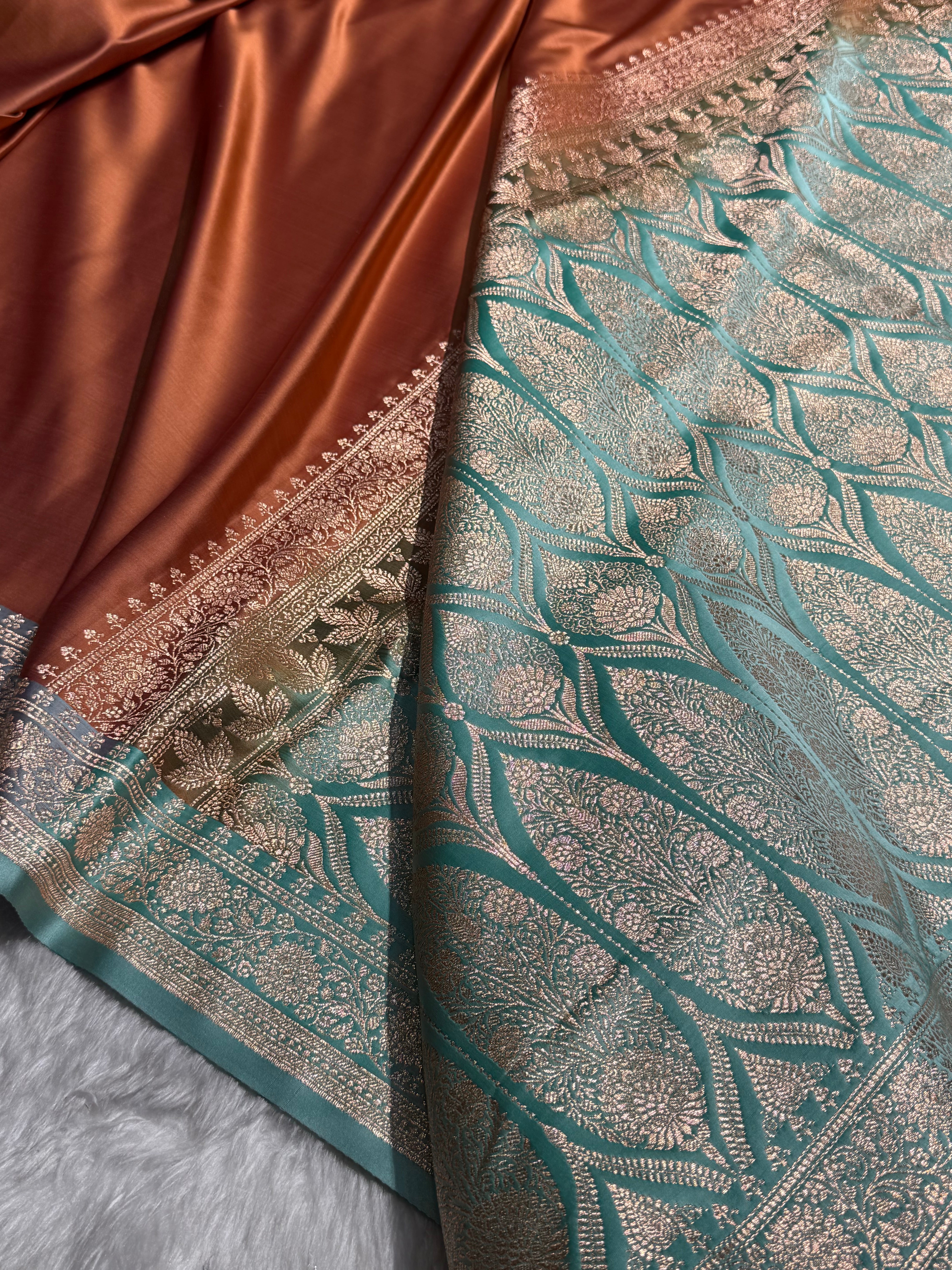 Banarasi Satin Katan Saree in Contrast Copper and Seagreen Shades SK131