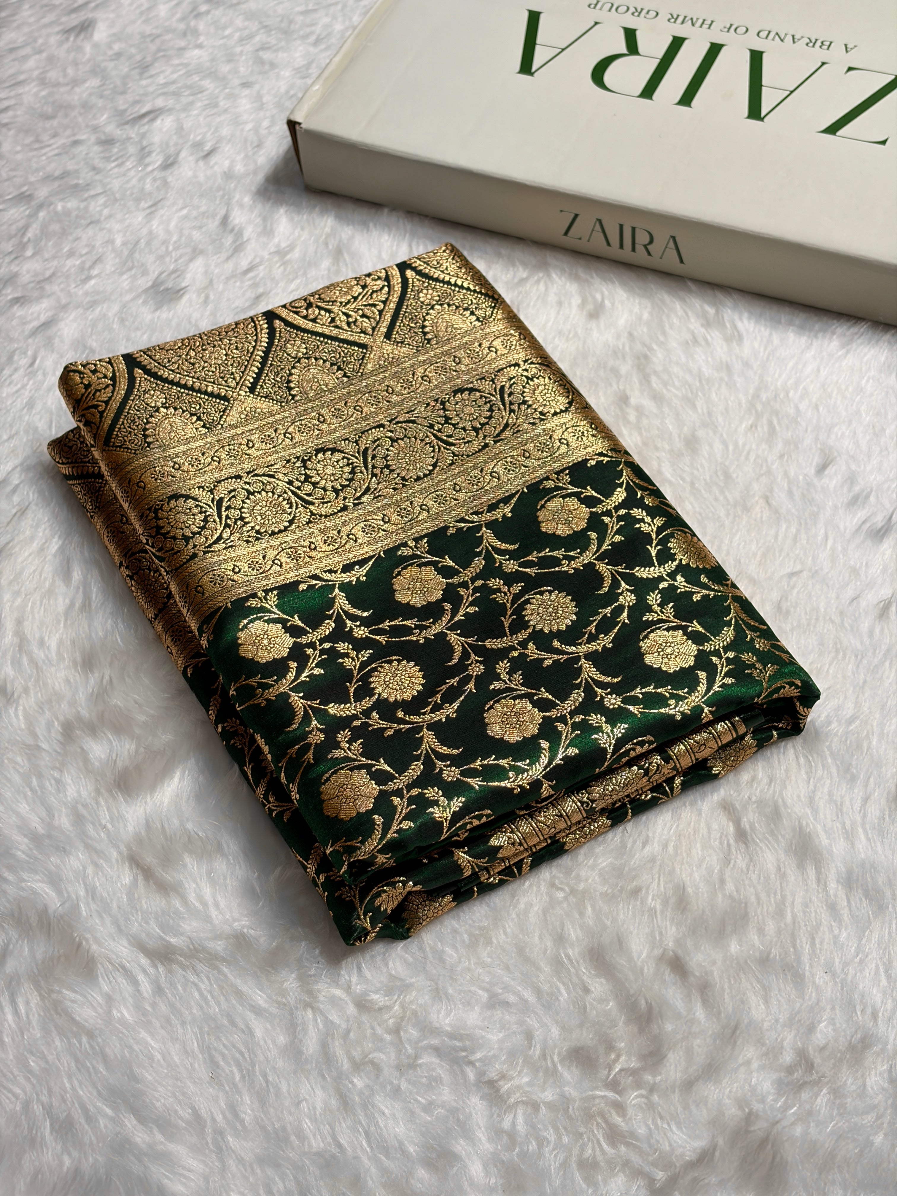 Ultra Light Weight Satin Silk Jaal in Dark Bottle Green Shades SS13