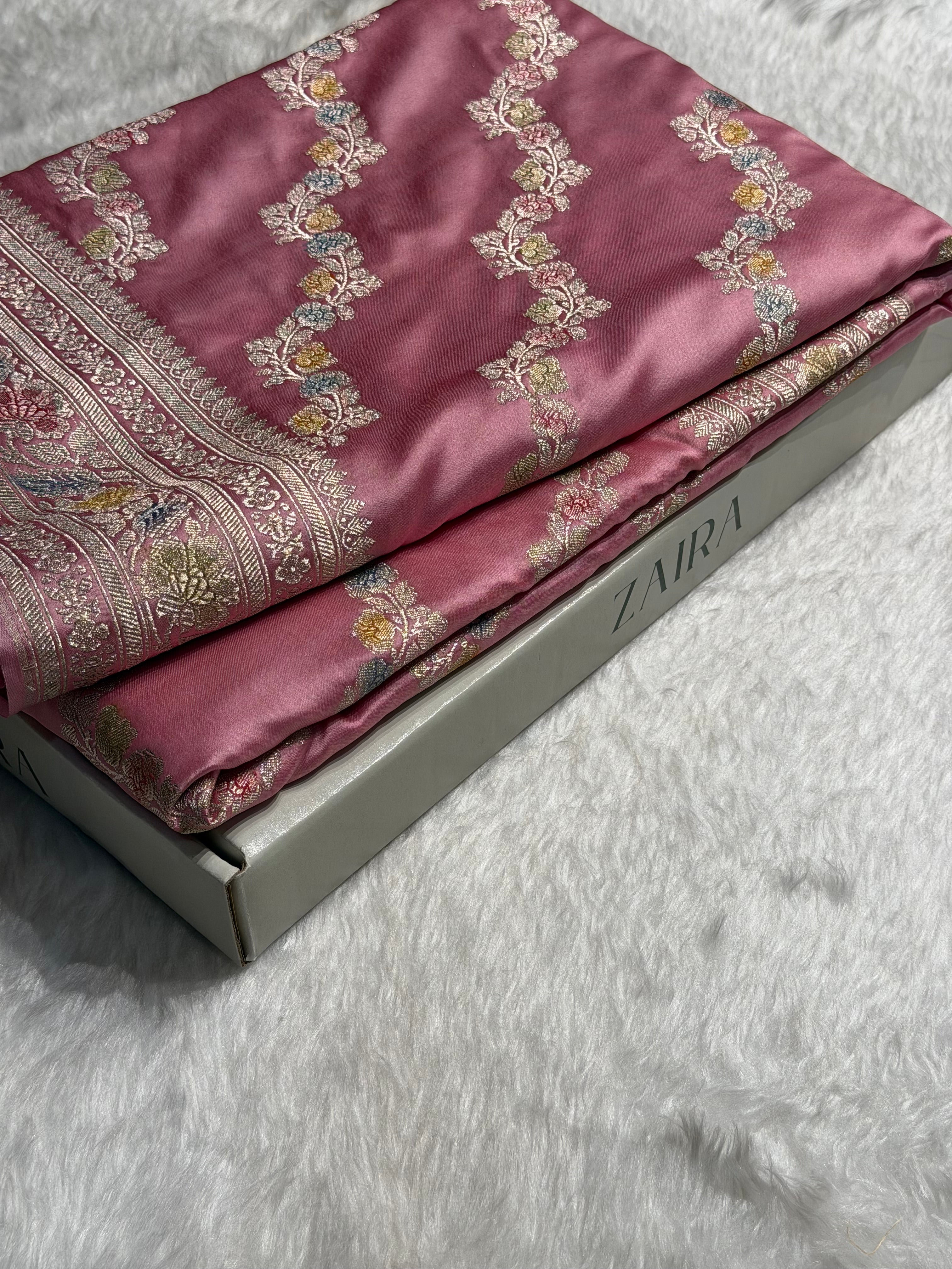 Blush Pink Banarasi Minakari Mashru Silk Saree With Cross Pattern MS02