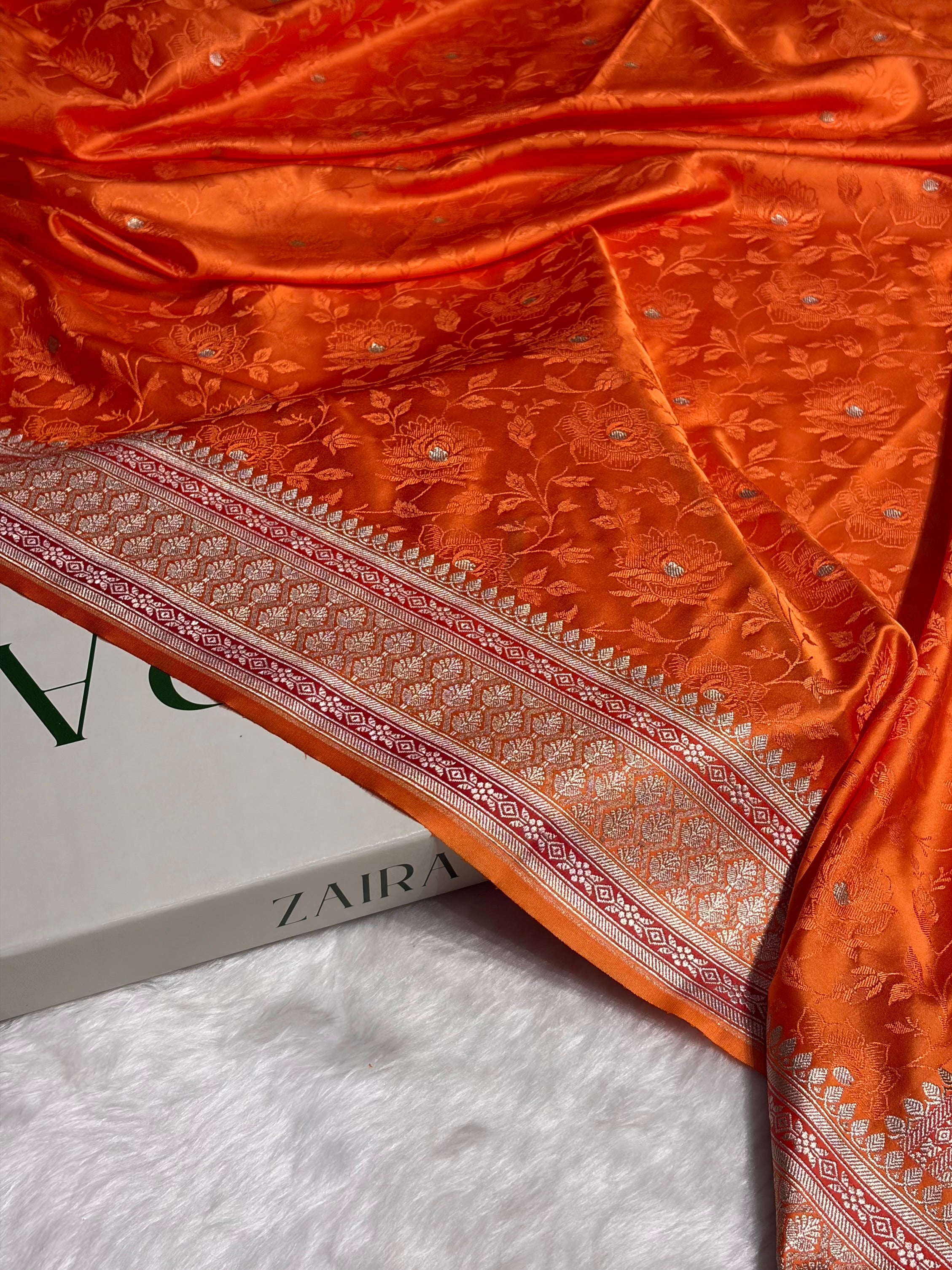 Orange Minakari Tanchoi Floral Booti Mashru Silk Saree MS59